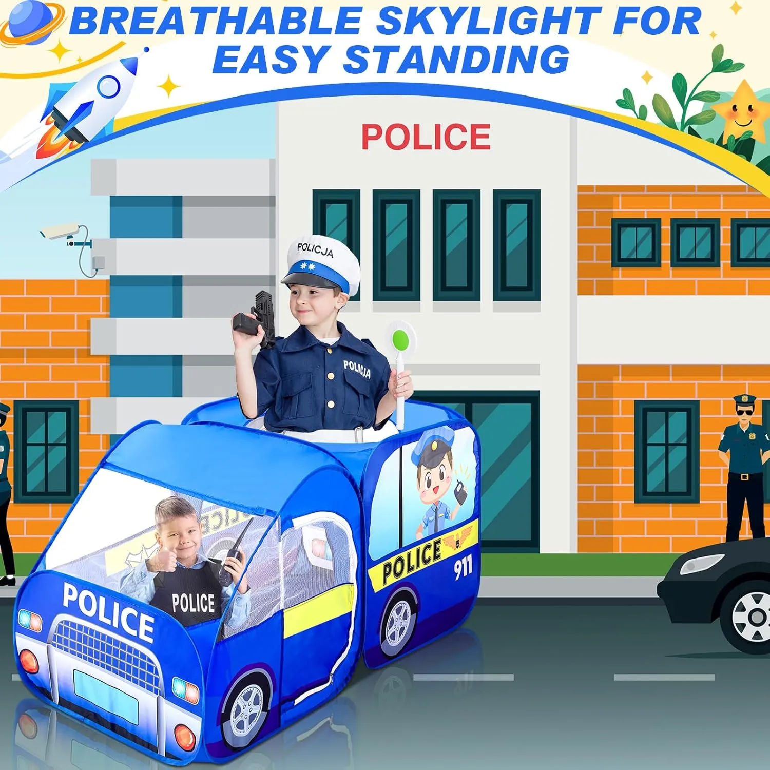 2 Pcs Pop up Play Tent for Kids Foldable Indoor and Outdoor Playhouse Vehicle Toys for Girls and Boys Fun Interesting Play Gift Prop (Red and Blue,Firetruck and Police)