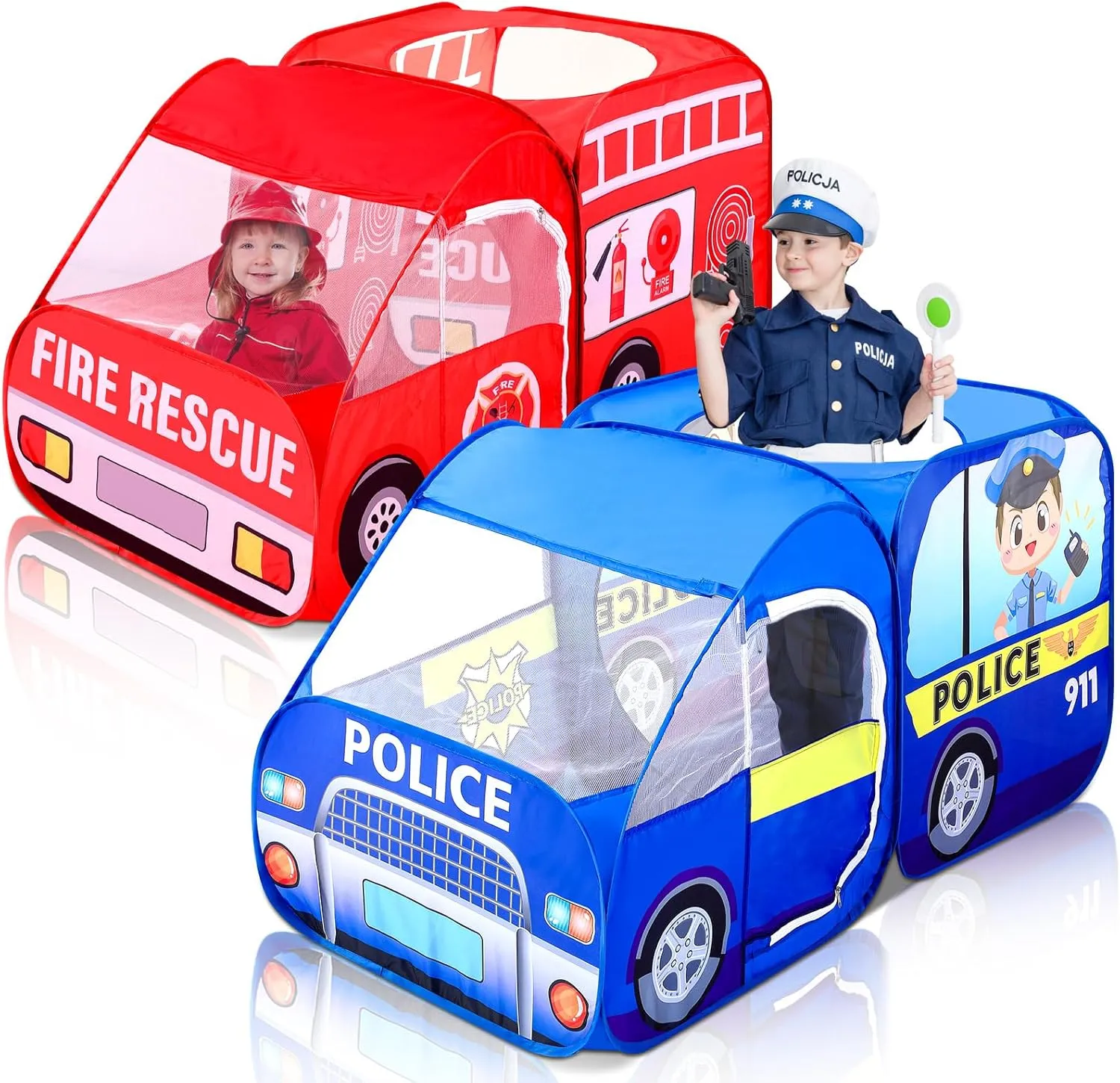 2 Pcs Pop up Play Tent for Kids Foldable Indoor and Outdoor Playhouse Vehicle Toys for Girls and Boys Fun Interesting Play Gift Prop (Red and Blue,Firetruck and Police)