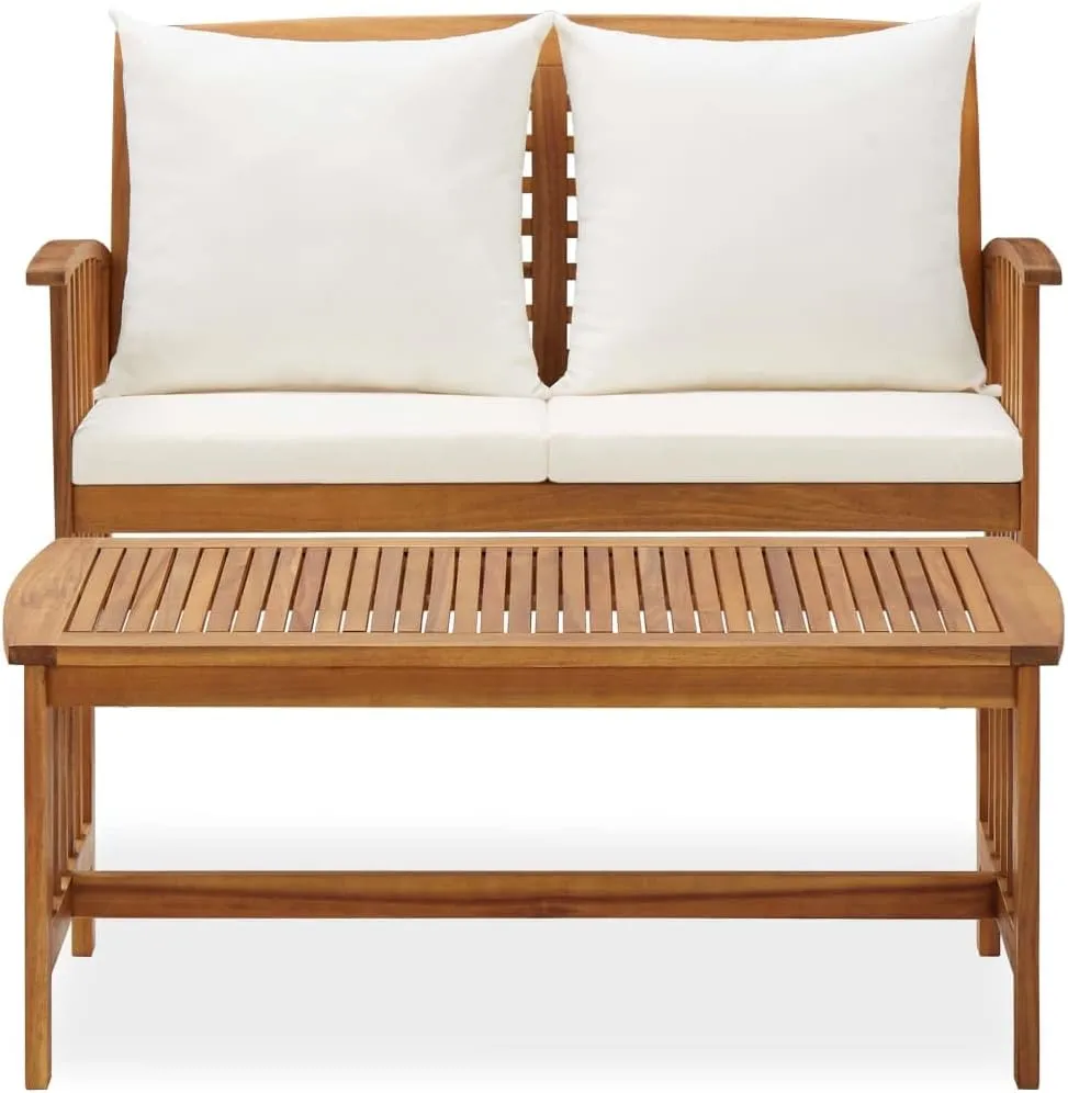 2-Piece Solid Acacia Wood Patio Furniture Set with Cream Cushions, Outdoor Lounge Bench and Coffee Table for Garden Balcony Porch Backyard