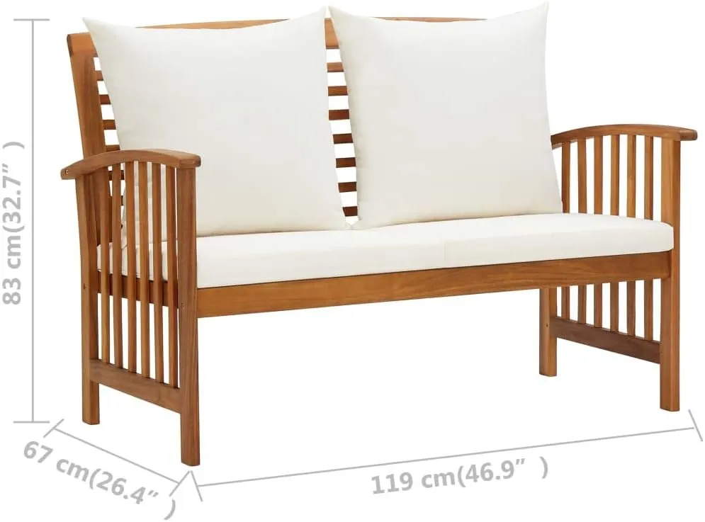 2-Piece Solid Acacia Wood Patio Furniture Set with Cream Cushions, Outdoor Lounge Bench and Coffee Table for Garden Balcony Porch Backyard