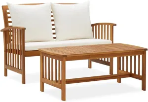 2-Piece Solid Acacia Wood Patio Furniture Set with Cream Cushions, Outdoor Lounge Bench and Coffee Table for Garden Balcony Porch Backyard