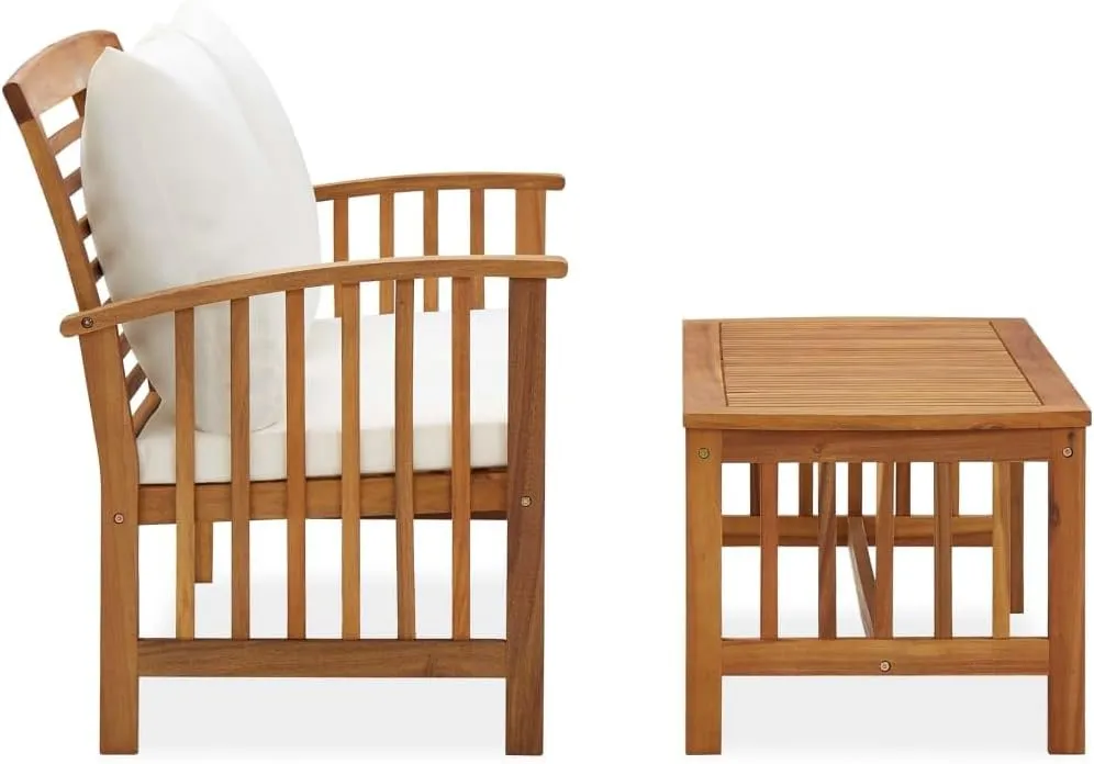 2-Piece Solid Acacia Wood Patio Furniture Set with Cream Cushions, Outdoor Lounge Bench and Coffee Table for Garden Balcony Porch Backyard