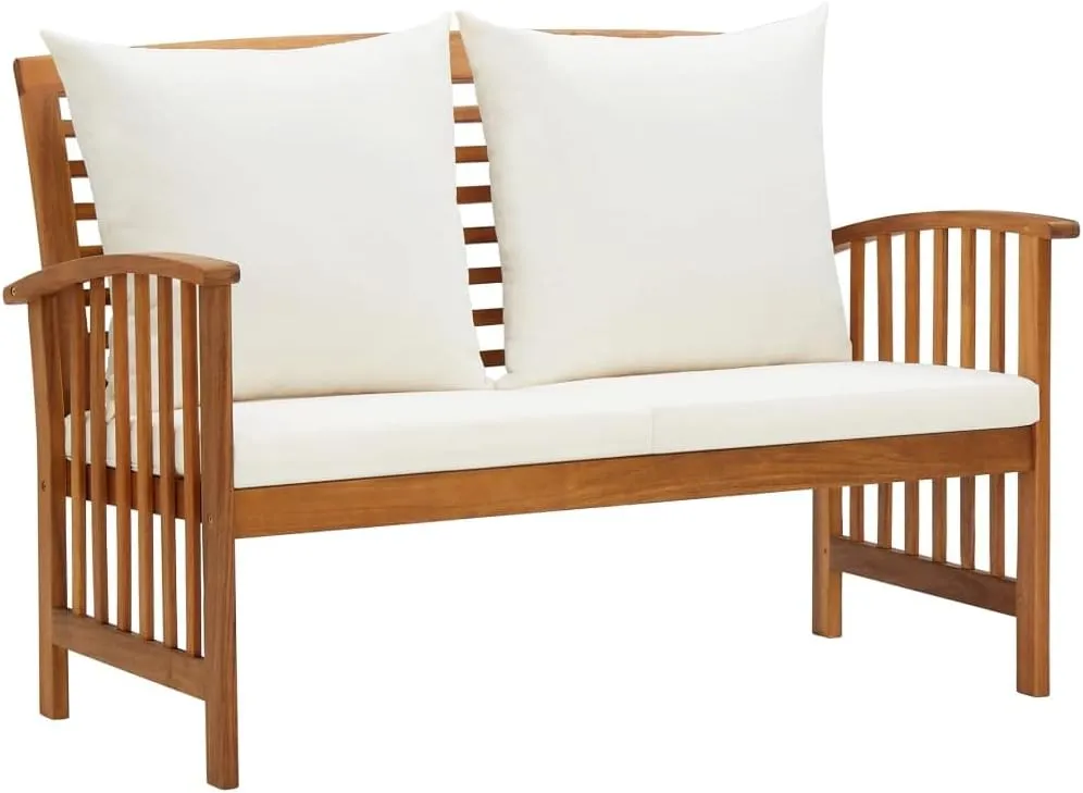 2-Piece Solid Acacia Wood Patio Furniture Set with Cream Cushions, Outdoor Lounge Bench and Coffee Table for Garden Balcony Porch Backyard