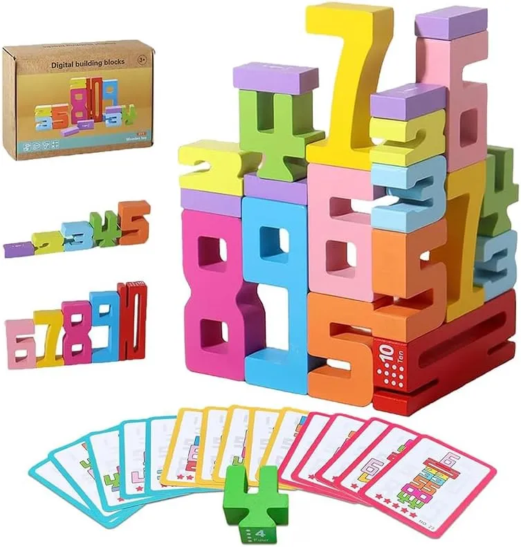 20PCS Wooden Number Building Blocks and Pattern Blocks Puzzle Set for 3  Years Old Kids – Educational Balance Competition Toy to Develop Math Skills, Creativity, and Coordination (20PCS, Pieces, 20.0)