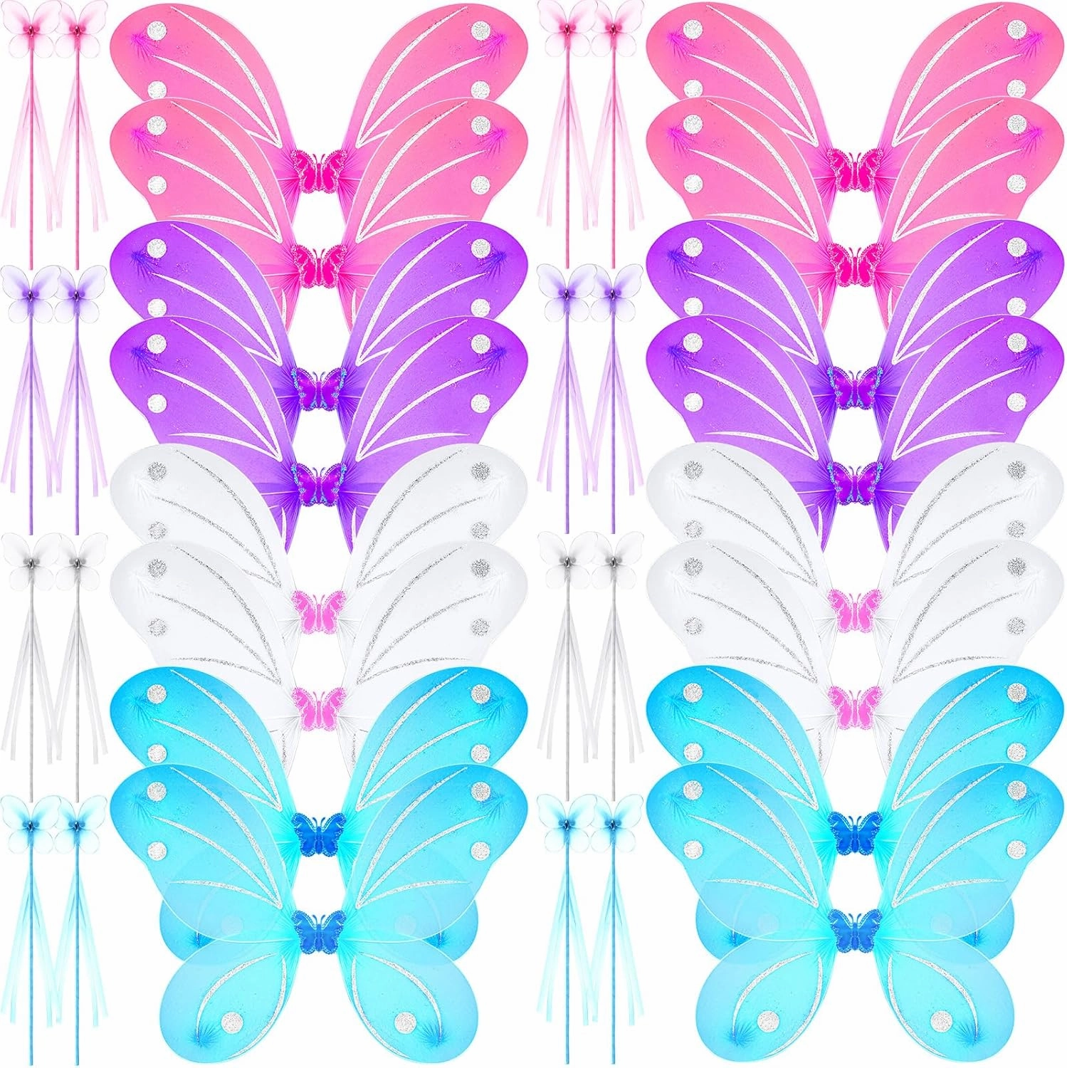 24 Sets Fairy Wings Butterfly Angel Costume Butterfly Wings for Girls Colorful Fairy Wands for Kid Dress up Party Halloween Role Play Princess Accessories, Pink Lake Blue White Purple
