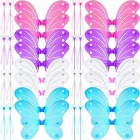 24 Sets Fairy Wings Butterfly Angel Costume Butterfly Wings for Girls Colorful Fairy Wands for Kid Dress up Party Halloween Role Play Princess Accessories, Pink Lake Blue White Purple