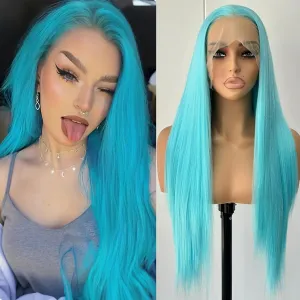 24" Blue Long Silky Straight Wigs - Synthetic Lace Front Wigs with Natural Hairline and Middle Part