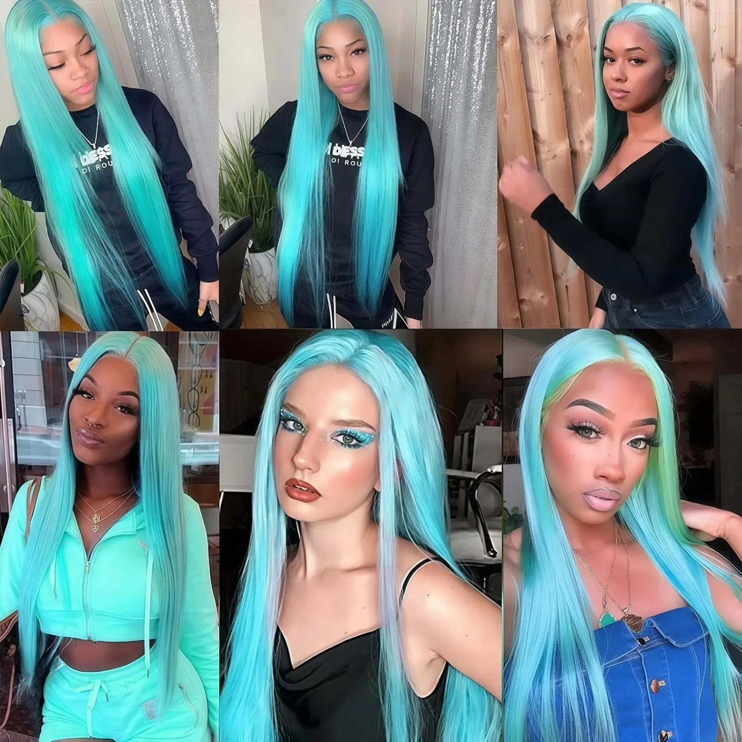 24" Blue Long Silky Straight Wigs - Synthetic Lace Front Wigs with Natural Hairline and Middle Part