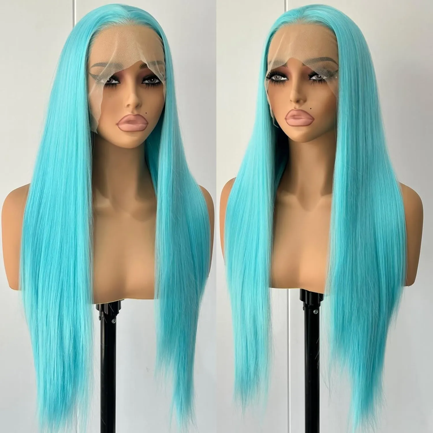 24" Blue Long Silky Straight Wigs - Synthetic Lace Front Wigs with Natural Hairline and Middle Part