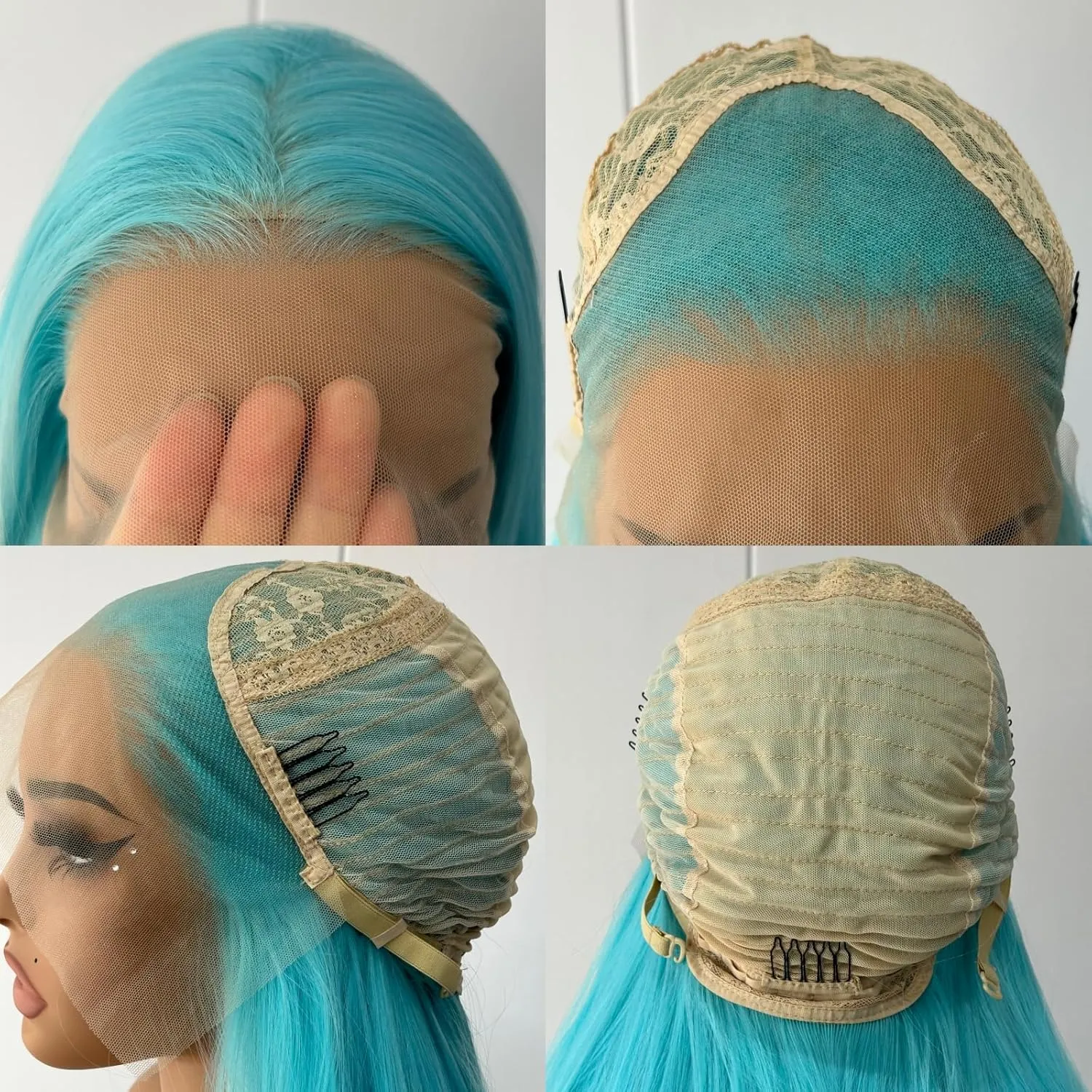 24" Blue Long Silky Straight Wigs - Synthetic Lace Front Wigs with Natural Hairline and Middle Part