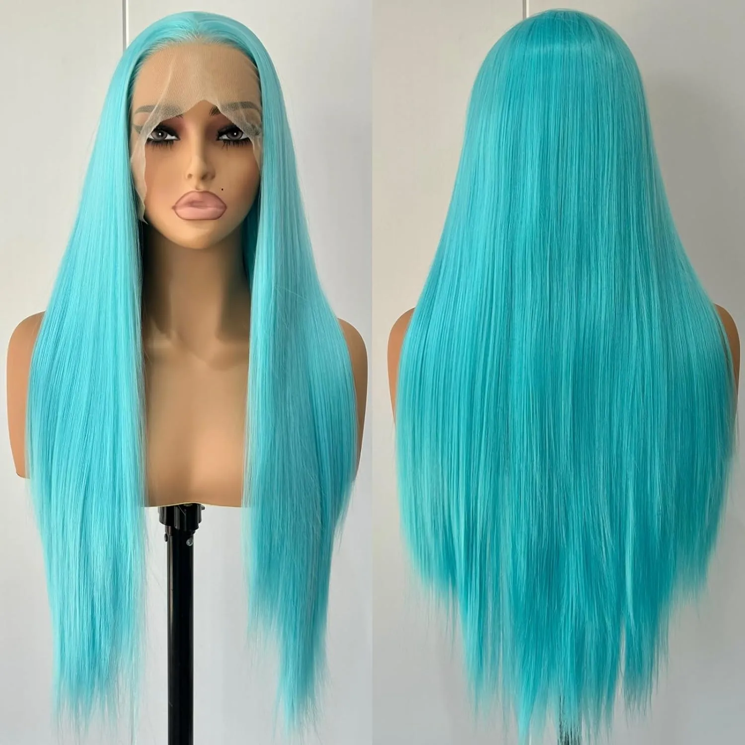 24" Blue Long Silky Straight Wigs - Synthetic Lace Front Wigs with Natural Hairline and Middle Part