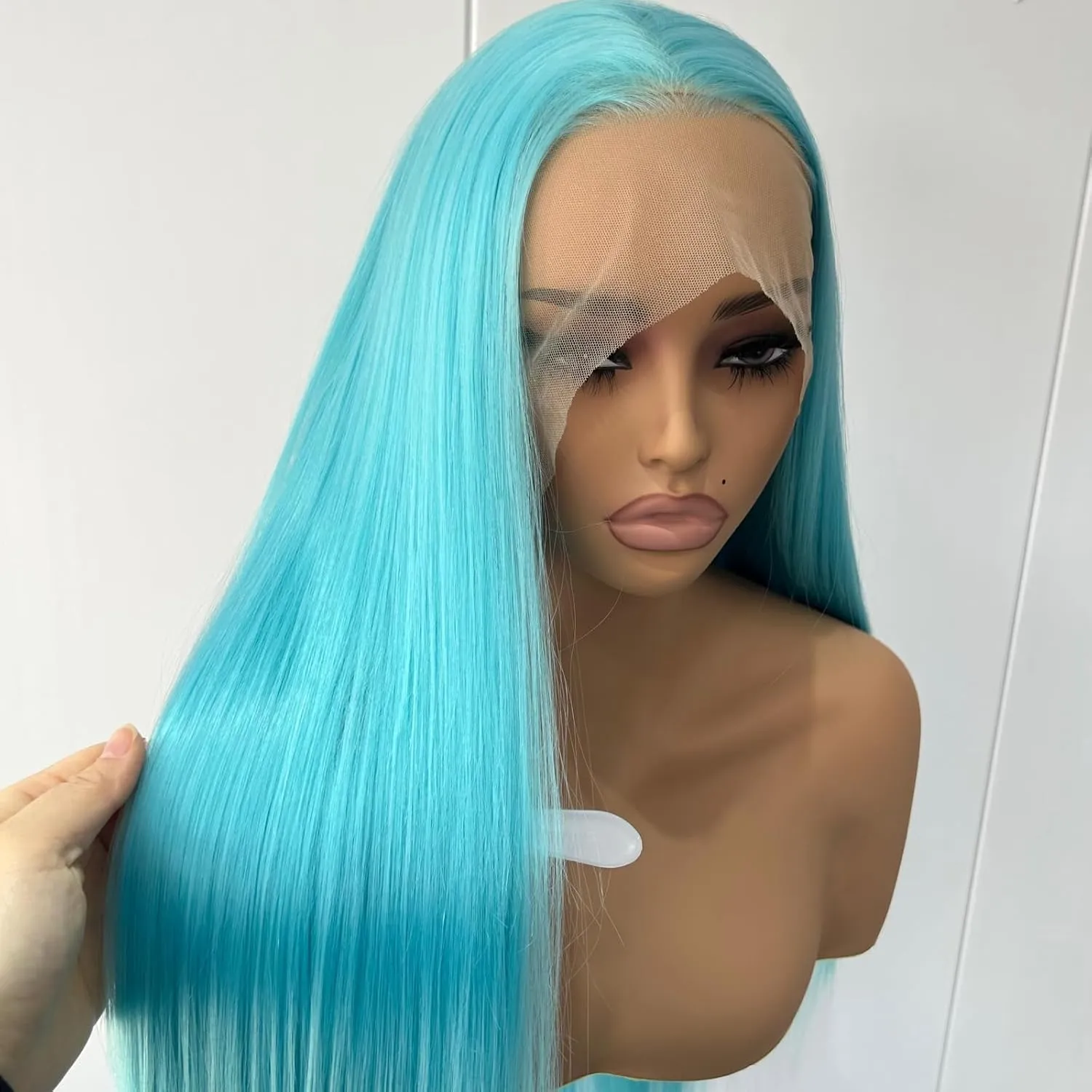 24" Blue Long Silky Straight Wigs - Synthetic Lace Front Wigs with Natural Hairline and Middle Part