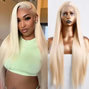 24" Long Silky Straight Blonde Synthetic Lace Front Wigs with Middle Part Natural Hairline Cosplay Wigs Daily Use Wigs