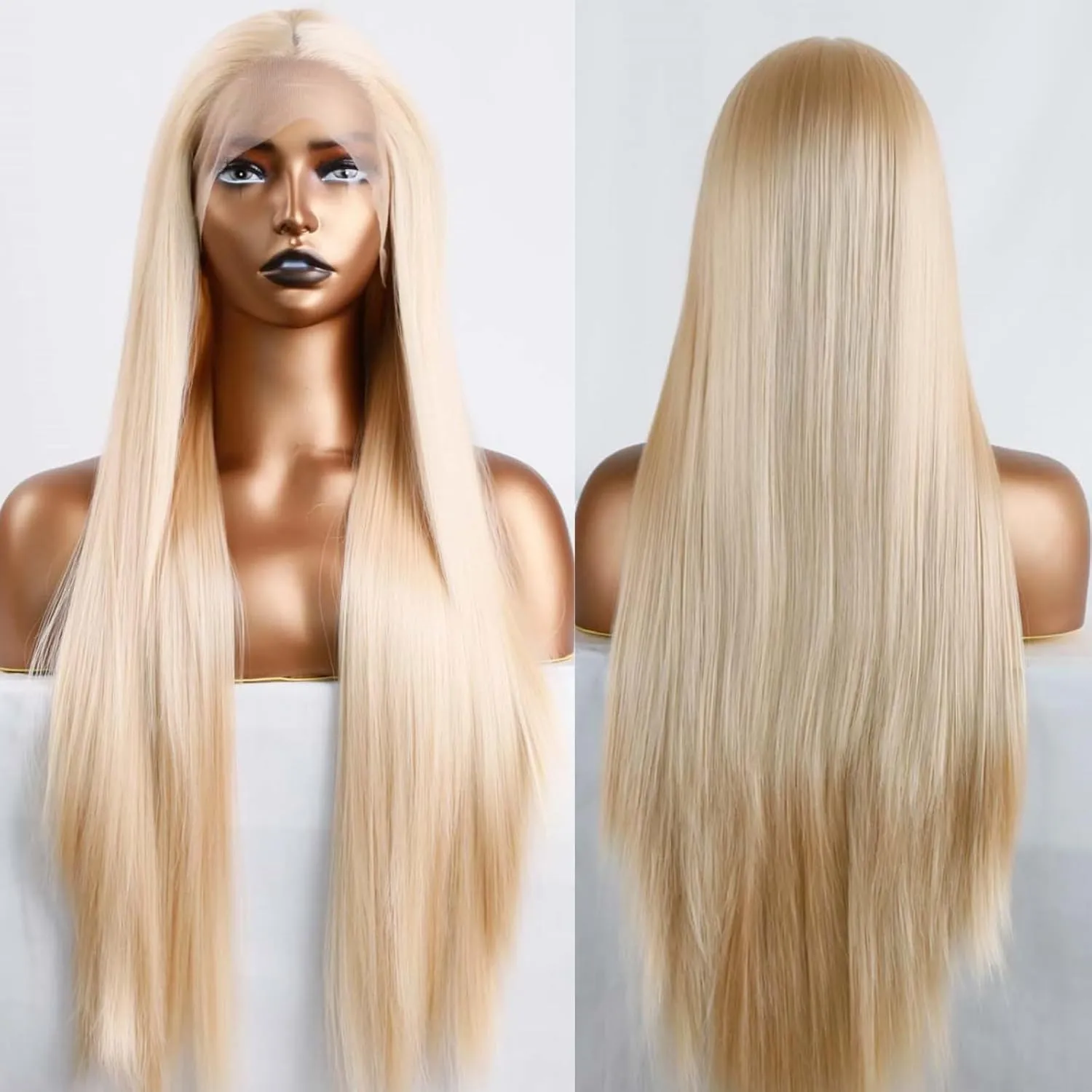 24" Long Silky Straight Blonde Synthetic Lace Front Wigs with Middle Part Natural Hairline Cosplay Wigs Daily Use Wigs