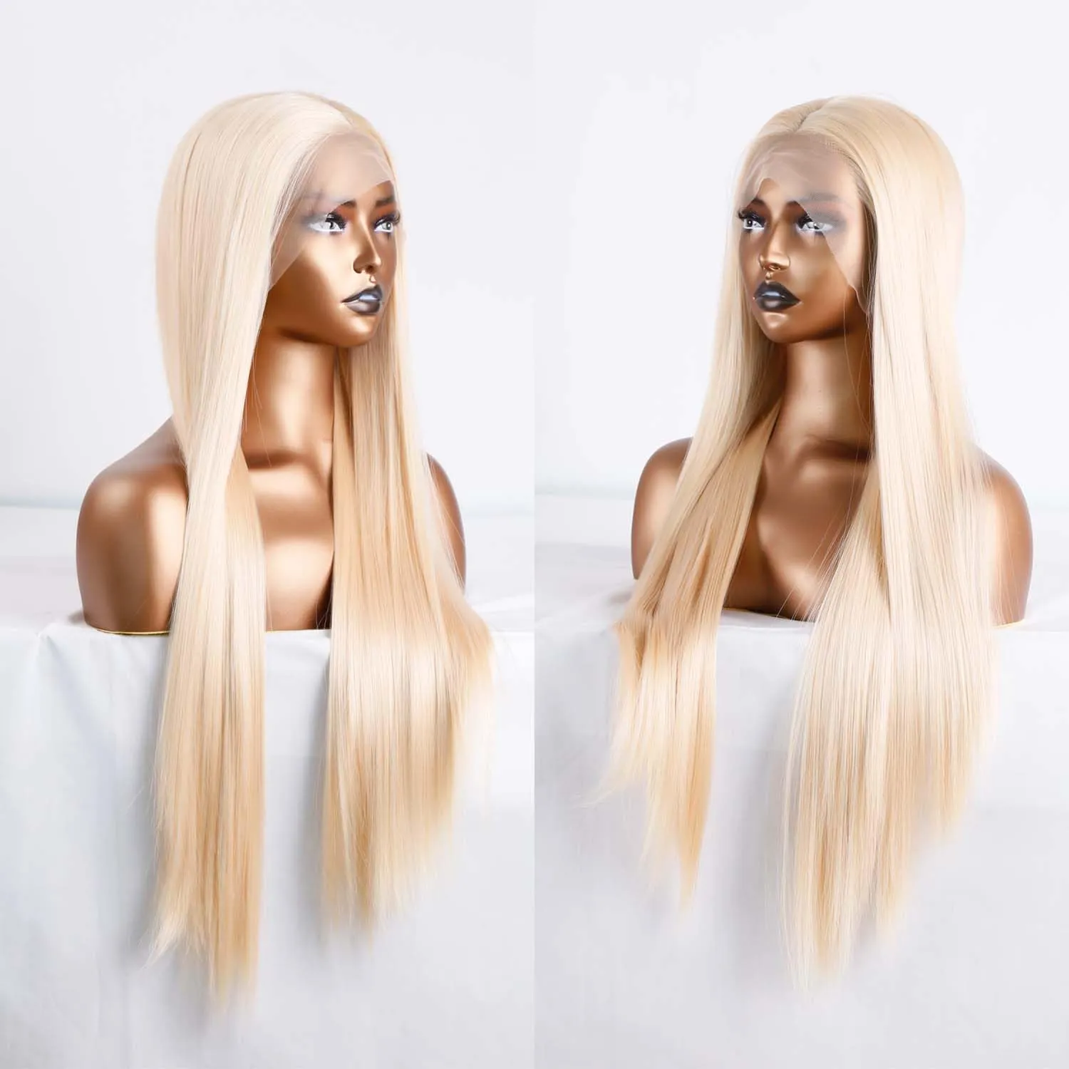 24" Long Silky Straight Blonde Synthetic Lace Front Wigs with Middle Part Natural Hairline Cosplay Wigs Daily Use Wigs