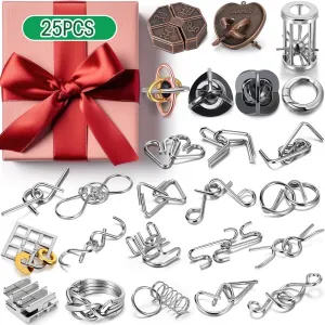 25 Pcs Brain Teaser Puzzles for Adults and Teens Metal Cast 3D Unlock Interlocking IQ Puzzle Toys Educational Smart Gifts