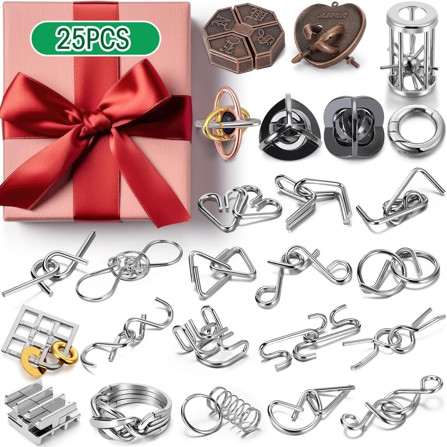 25 Pcs Brain Teaser Puzzles for Adults and Teens Metal Cast 3D Unlock Interlocking IQ Puzzle Toys Educational Smart Gifts
