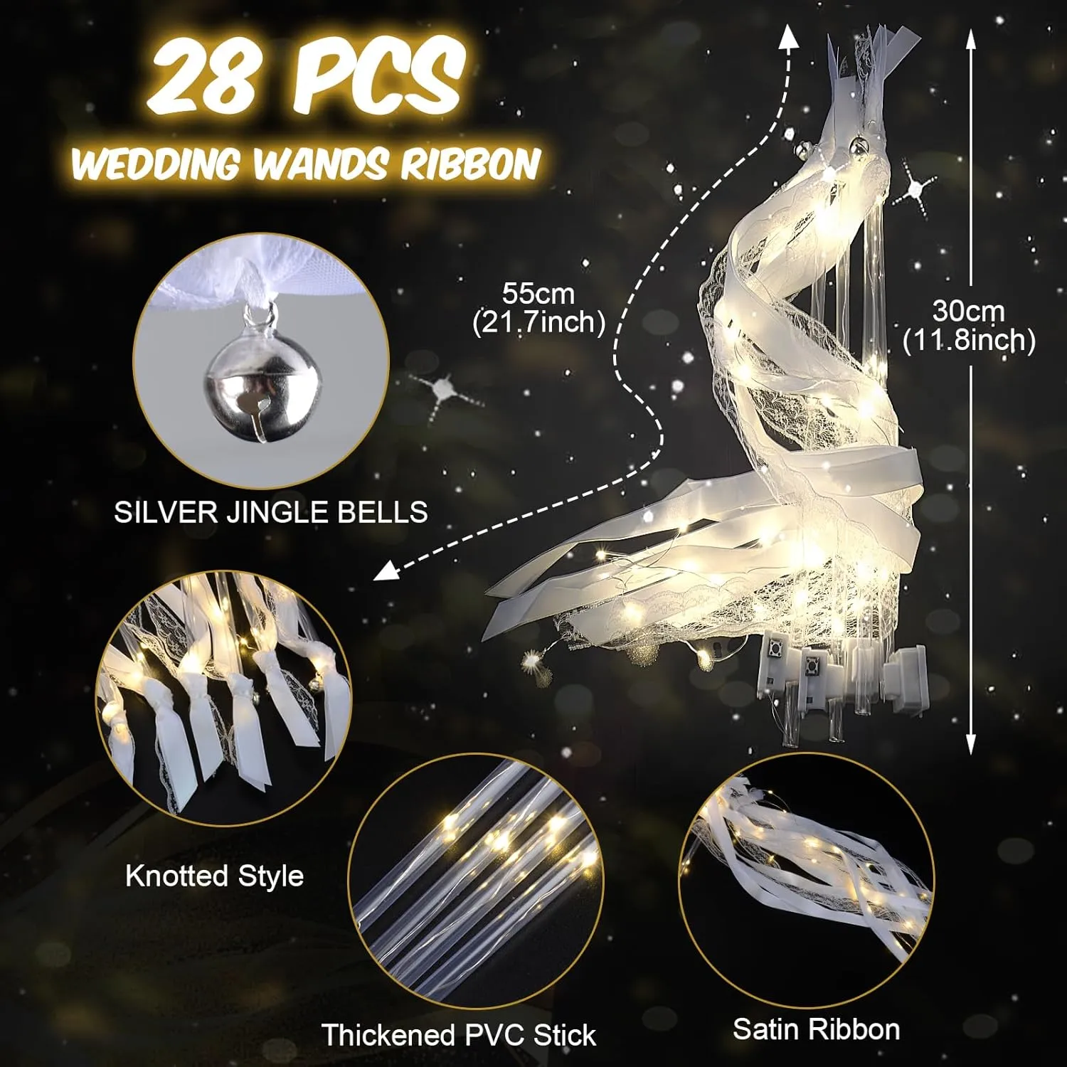 28 PCS light up wands for wedding, Wedding Wands Streamers with 3 Colorful Flashing Modes, Fairy Wands, LED Silk Fairy Wand with Bells for Wedding, New Year, Raves, Concert, Birthday