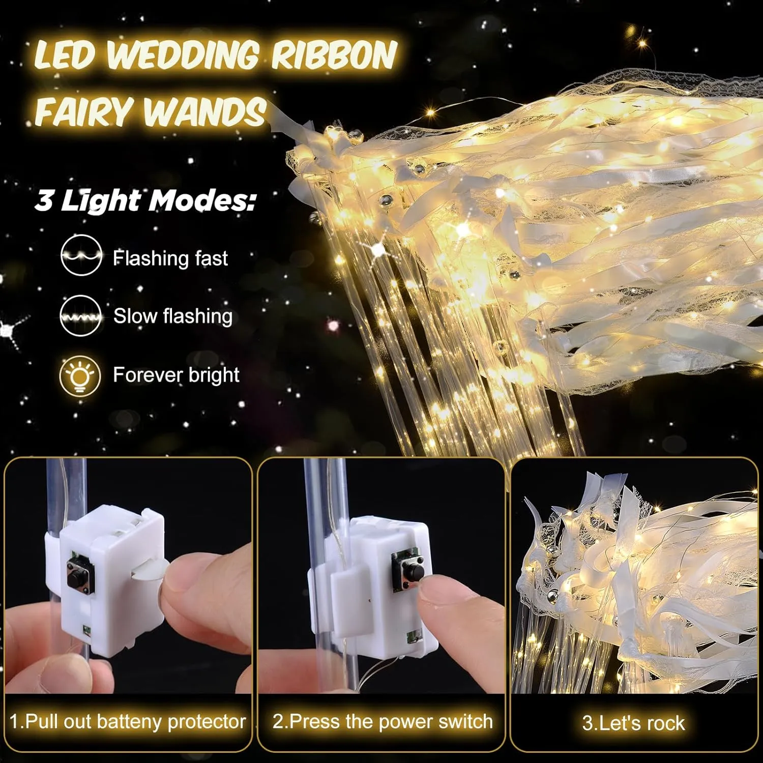 28 PCS light up wands for wedding, Wedding Wands Streamers with 3 Colorful Flashing Modes, Fairy Wands, LED Silk Fairy Wand with Bells for Wedding, New Year, Raves, Concert, Birthday