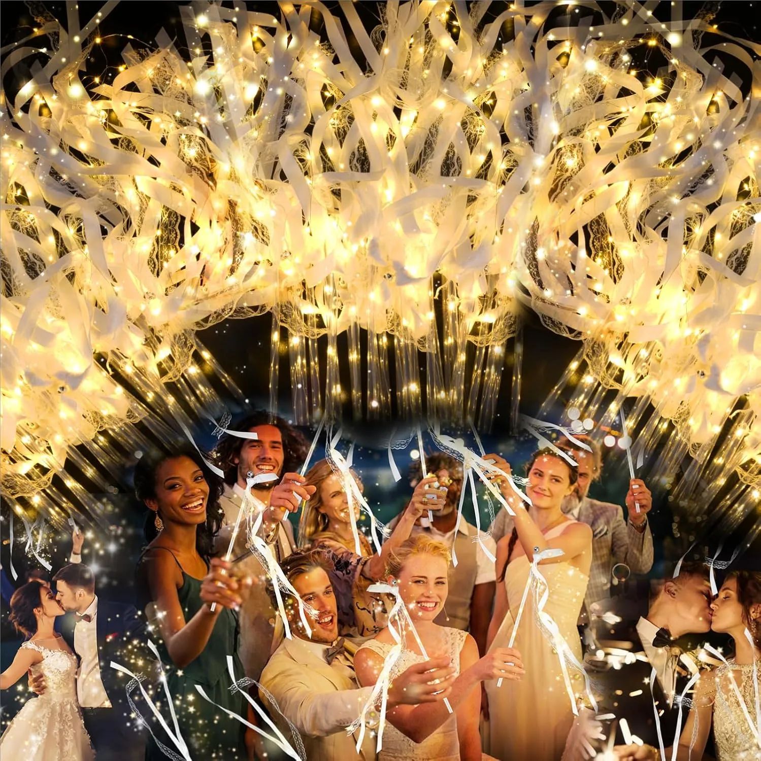28 PCS light up wands for wedding, Wedding Wands Streamers with 3 Colorful Flashing Modes, Fairy Wands, LED Silk Fairy Wand with Bells for Wedding, New Year, Raves, Concert, Birthday
