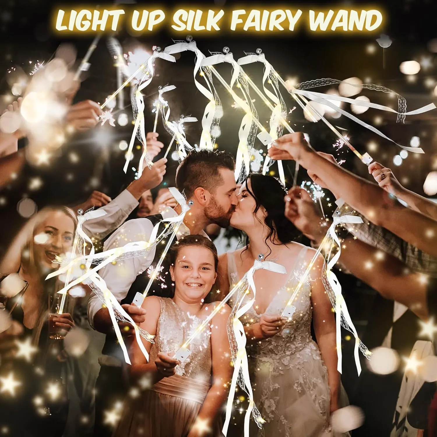 28 PCS light up wands for wedding, Wedding Wands Streamers with 3 Colorful Flashing Modes, Fairy Wands, LED Silk Fairy Wand with Bells for Wedding, New Year, Raves, Concert, Birthday