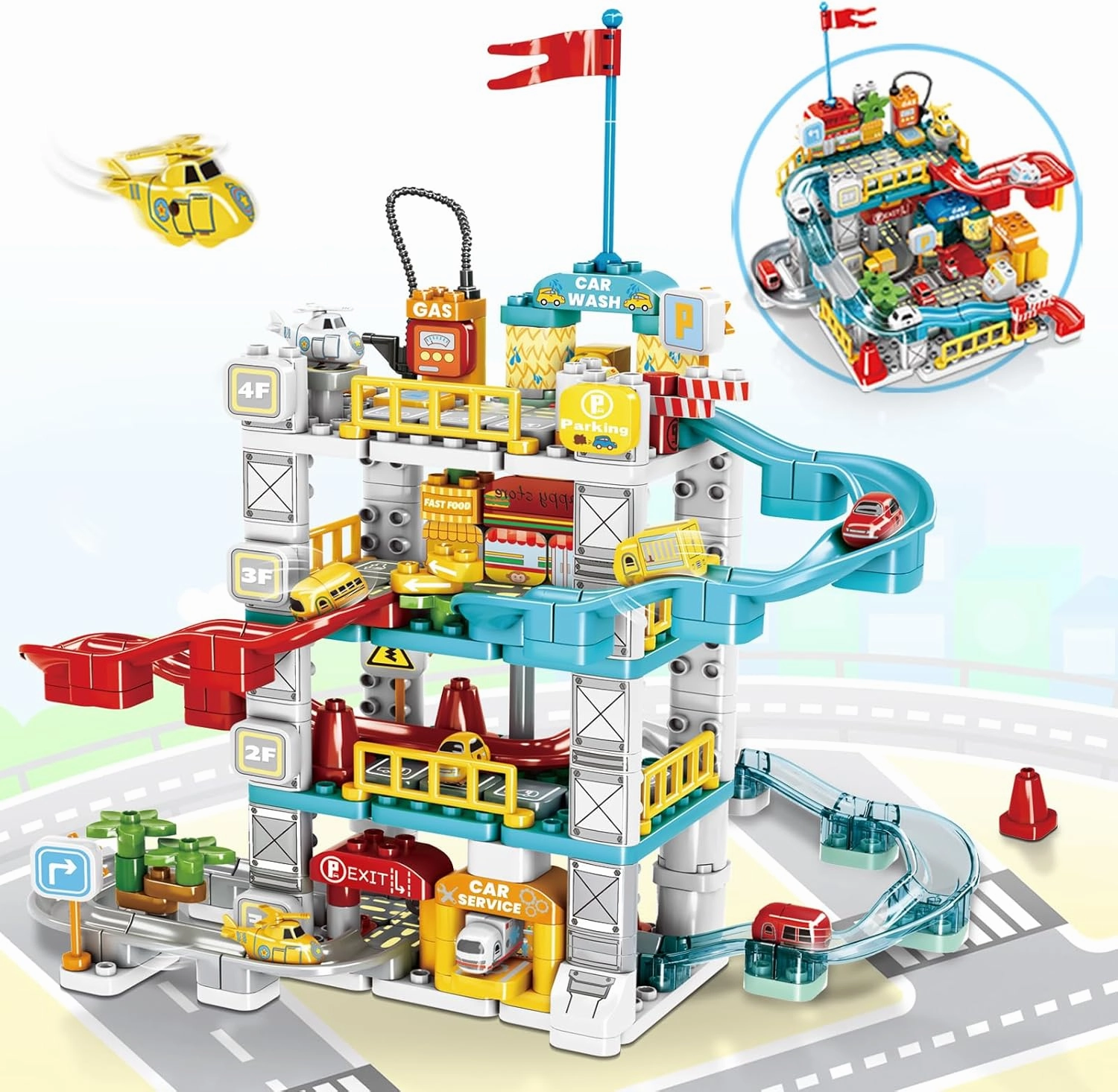 2 in 1 Kids Construction Toys 212 PCS Race Track Play Set Game Car Adventure Toy Preschool Educational Vehicle Puzzle Rail Track City Rescue Parking Playset for 3 4 5 6 7 8 Years Old Boys Girl
