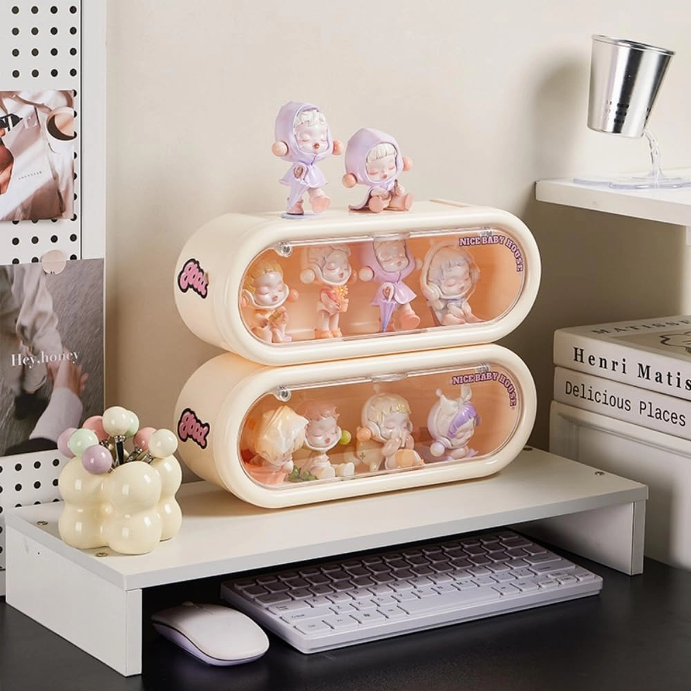 2 Pack Clear Display Case for Figures, Wall Mounted Acrylic Display Box with Magnetic Door, Dustproof Showcase for Collectibles Mini Funko Pop Popmart Action Figures (Cream)