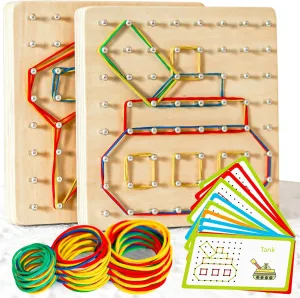 2Pack Wooden Geoboard Montessori Toys - Wood Geo Board Manipulative Geoboards for 4 5 6 Year Old Kids with Pattern Cards and Rubber Bands,Educational Peg Board for Boys Girls Ages 3-6