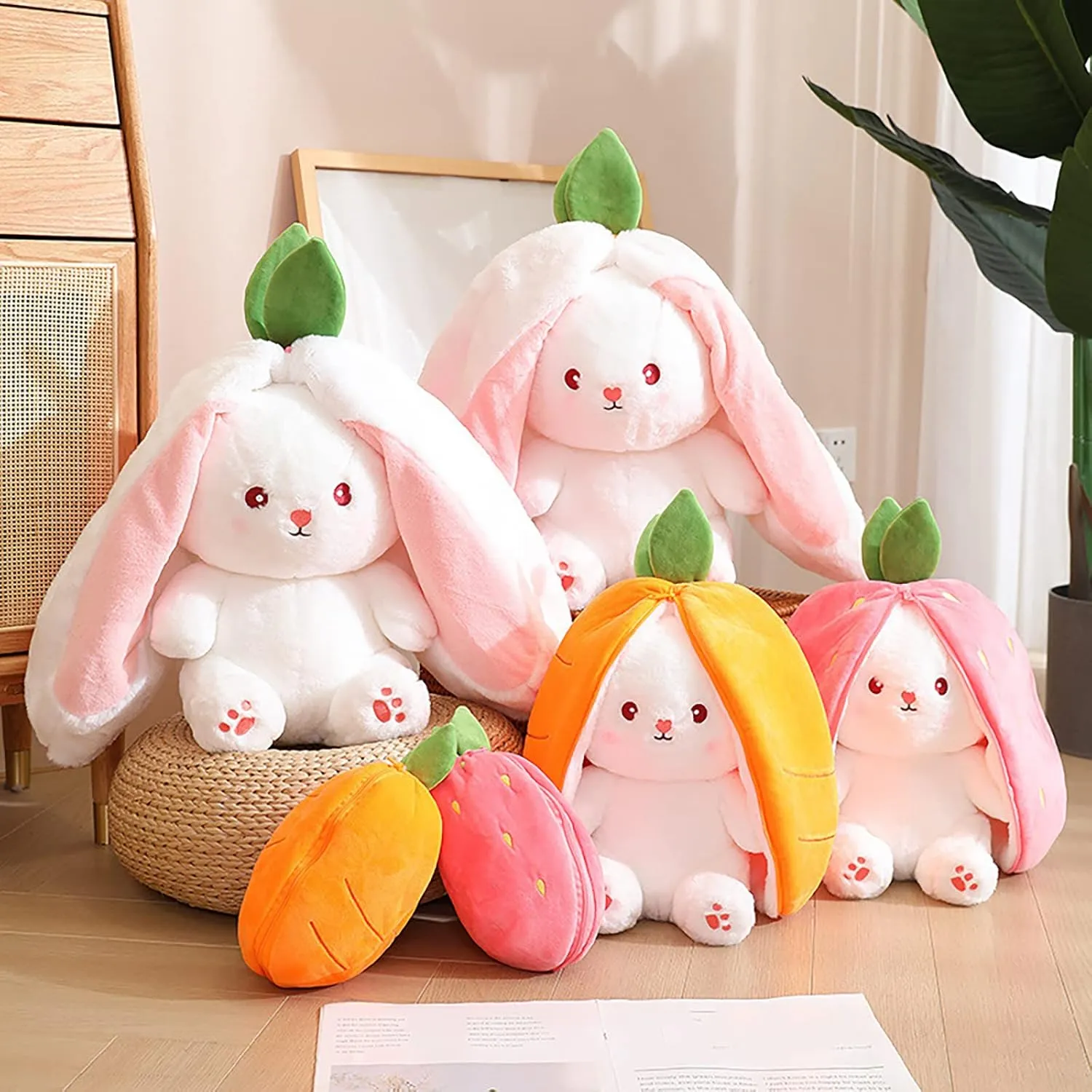 2PCS Reversible Carrot Strawberry Bunny Plush with Zipper, Easter Bunny Stuffed Animal Toy, Cute Rabbit Plushie Birthday Gift for Boys Girls Kids (1pcs 10" Strawberry)