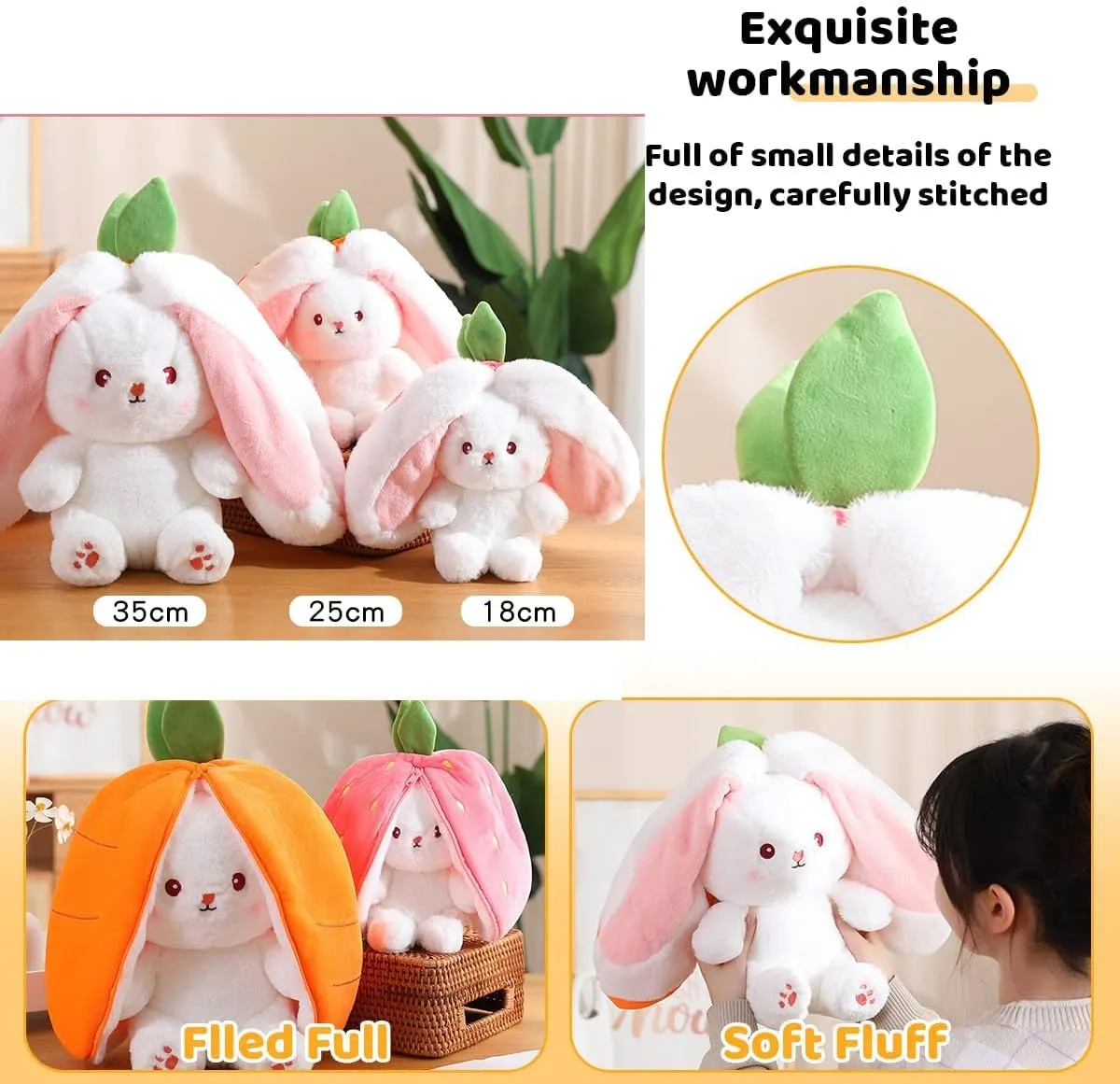 2PCS Reversible Carrot Strawberry Bunny Plush with Zipper, Easter Bunny Stuffed Animal Toy, Cute Rabbit Plushie Birthday Gift for Boys Girls Kids (1pcs 10" Strawberry)