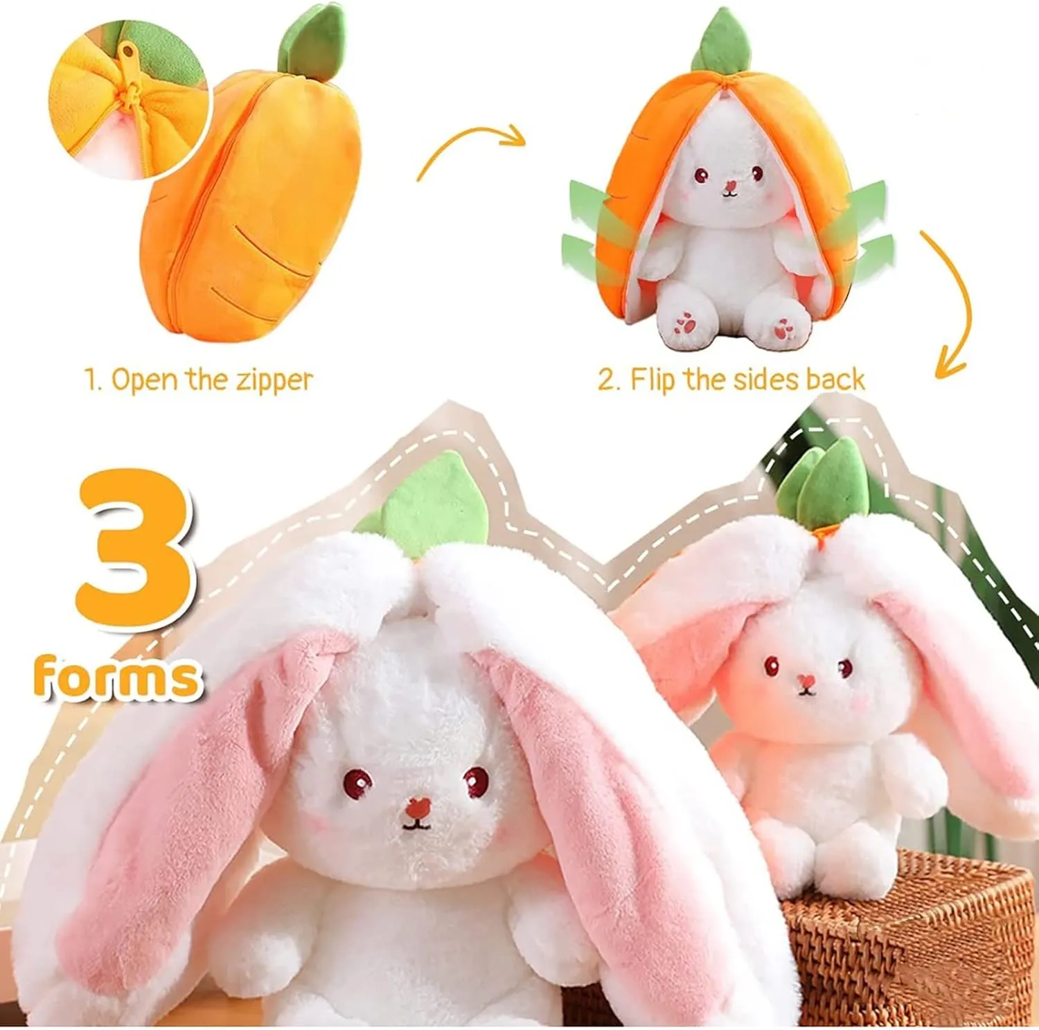 2PCS Reversible Carrot Strawberry Bunny Plush with Zipper, Easter Bunny Stuffed Animal Toy, Cute Rabbit Plushie Birthday Gift for Boys Girls Kids (1pcs 10" Strawberry)