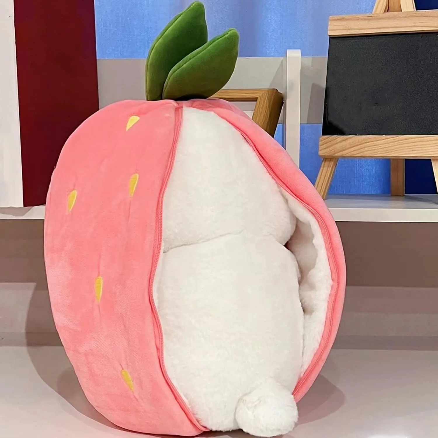 2PCS Reversible Carrot Strawberry Bunny Plush with Zipper, Easter Bunny Stuffed Animal Toy, Cute Rabbit Plushie Birthday Gift for Boys Girls Kids (1pcs 10" Strawberry)