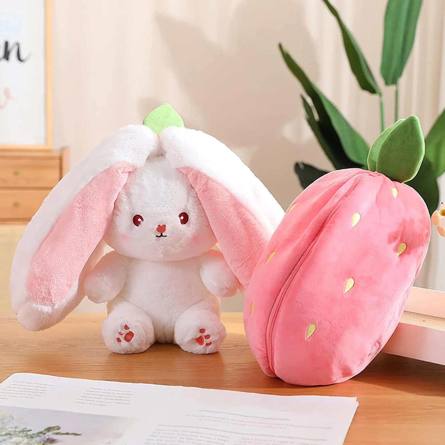 2PCS Reversible Carrot Strawberry Bunny Plush with Zipper, Easter Bunny Stuffed Animal Toy, Cute Rabbit Plushie Birthday Gift for Boys Girls Kids (1pcs 10" Strawberry)