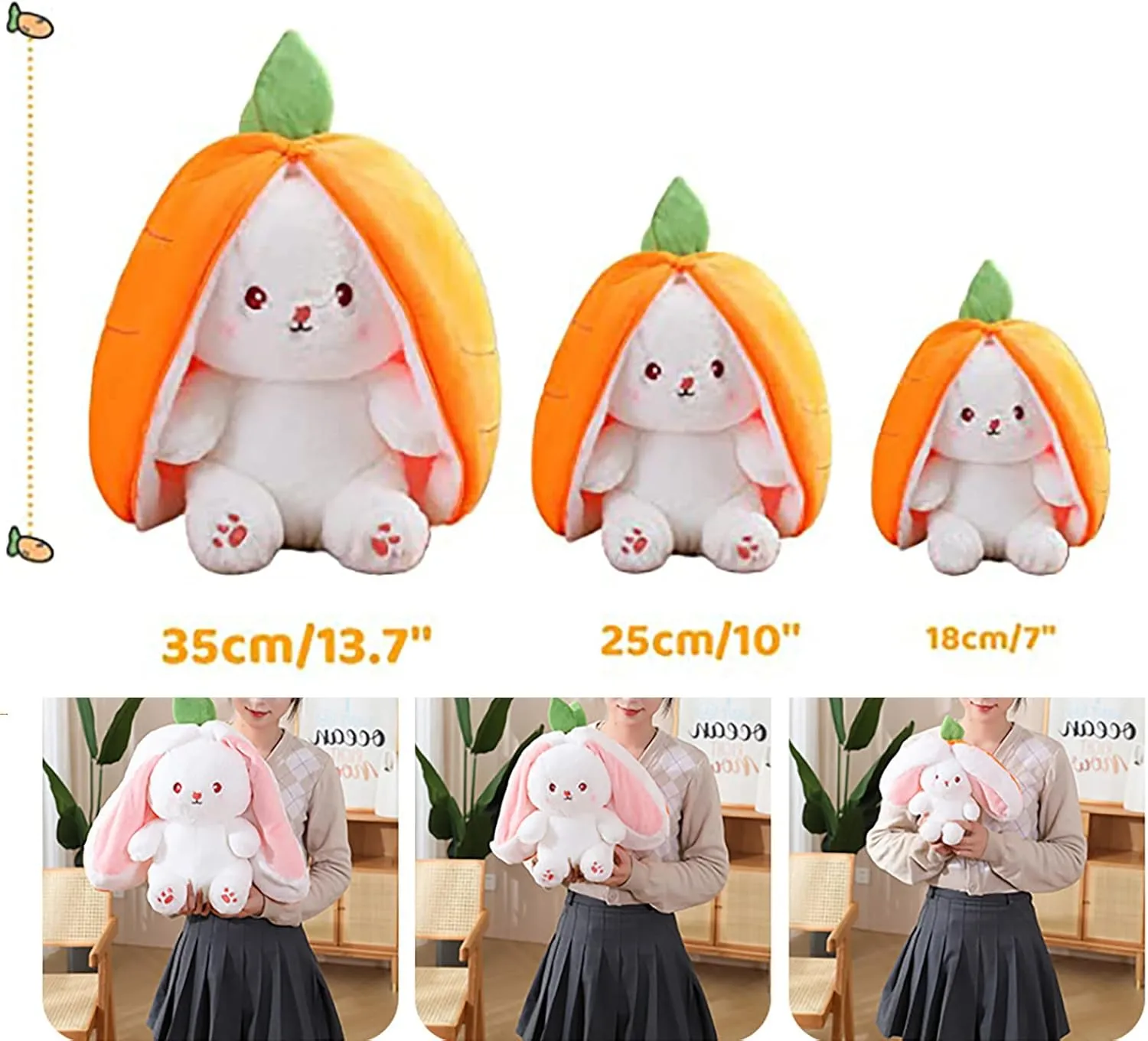 2PCS Reversible Carrot Strawberry Bunny Plush with Zipper, Easter Bunny Stuffed Animal Toy, Cute Rabbit Plushie Birthday Gift for Boys Girls Kids (1pcs 10" Strawberry)