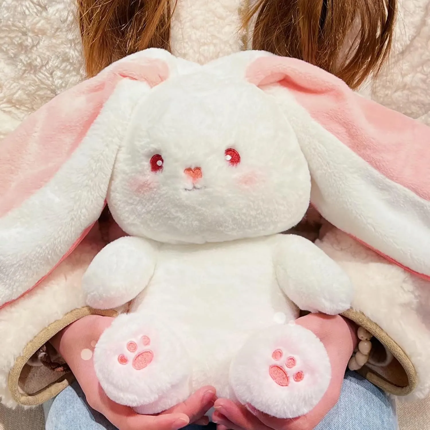 2PCS Reversible Carrot Strawberry Bunny Plush with Zipper, Easter Bunny Stuffed Animal Toy, Cute Rabbit Plushie Birthday Gift for Boys Girls Kids (1pcs 10" Strawberry)