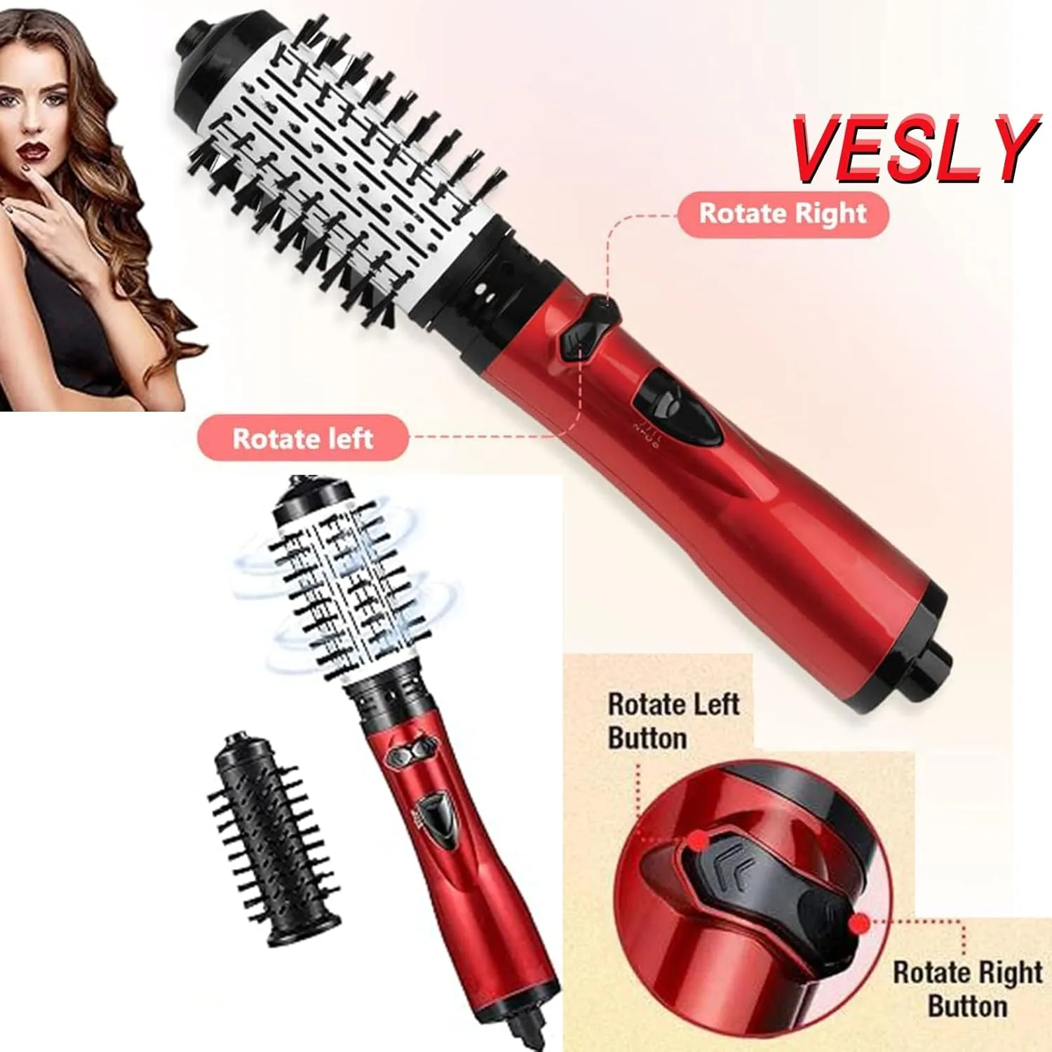 3 in 1 Hot Air Styler and Rotating Hair Dryer Hair Dryer and Blow Dryer Brush in One 2 Interchangeable Brushes for Dry and Wet Hair, Auto Rotating Curling Hot Hair Brush (Gold)