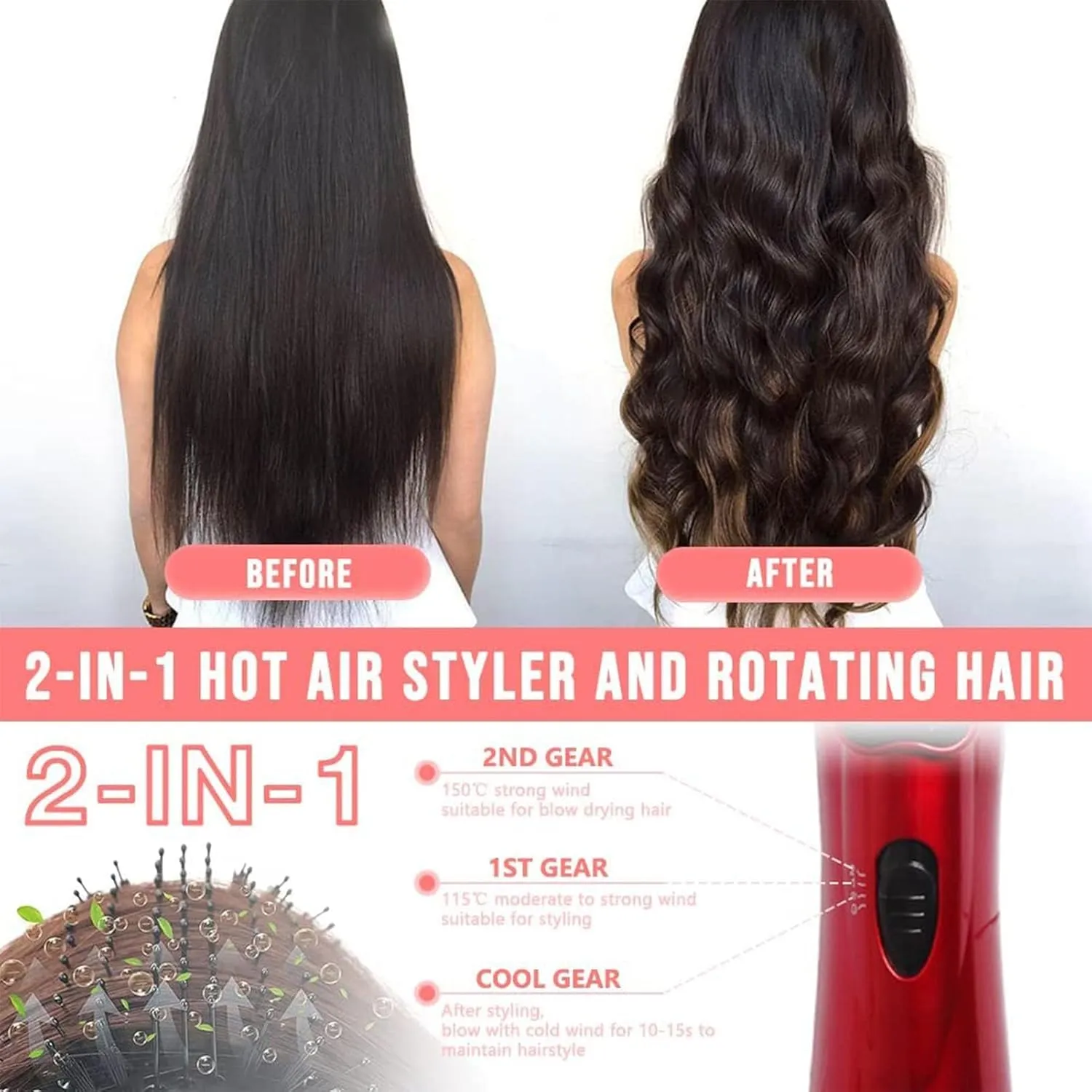3-in-1 Hot Air Styler and Rotating Hair Dryer, Spin Hair Dryer Brush with 2 Interchangeable Brush, Anti-frizz Hot Air Spin Brush Set for Straightening, Drying, and Curling (Gold)