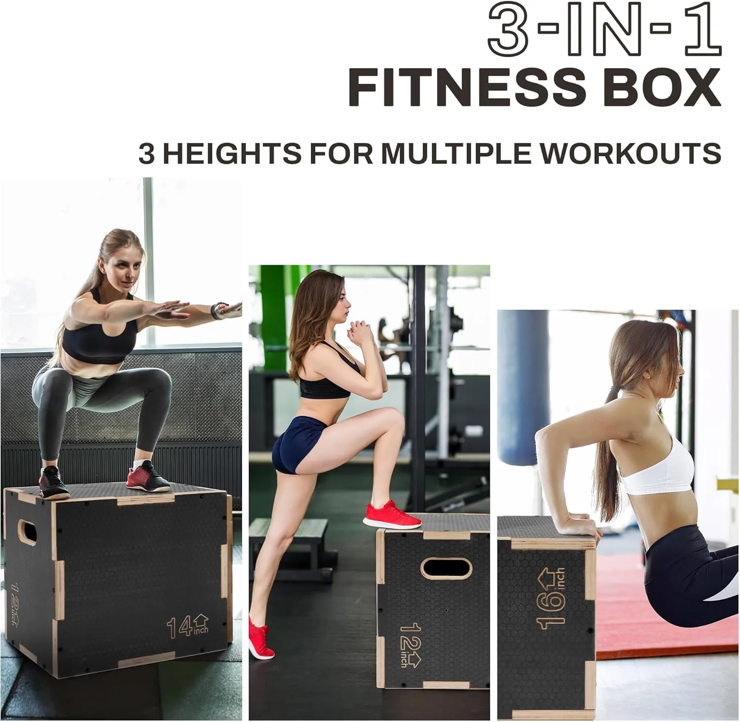 3 in 1 Non-Slip Wooden Plyo Box Plyometric Box Jumping Exercise, Multiple Sizes