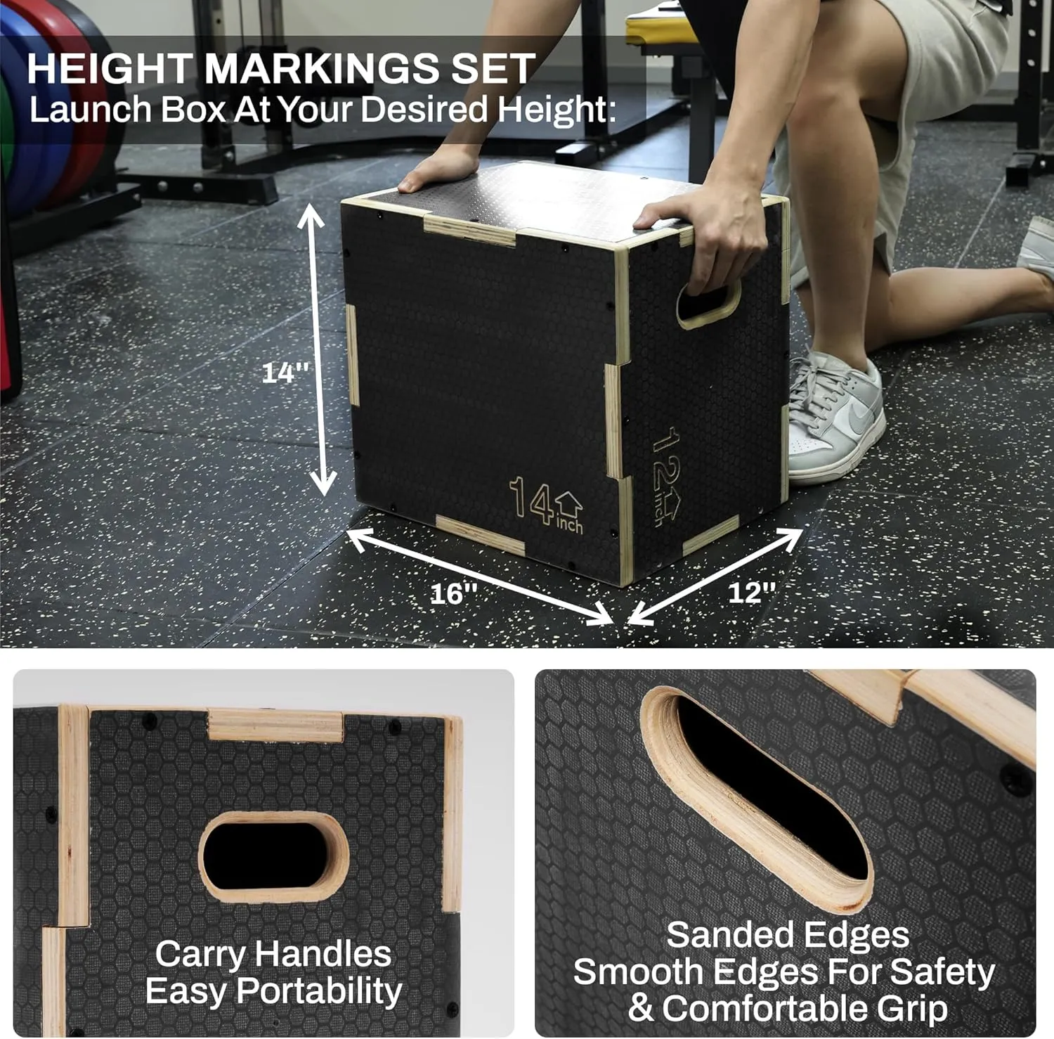 3 in 1 Non-Slip Wooden Plyo Box Plyometric Box Jumping Exercise, Multiple Sizes