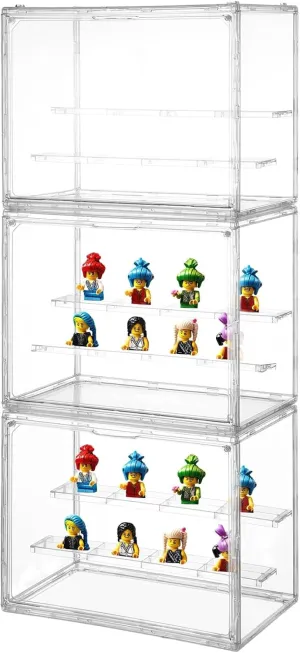 3 Pack Clear Acrylic Display Case for Collectibles 3 Layer Adjustable Figure Display Case with Magnetic Door Clear Stackable Display Box for Figures Showcase