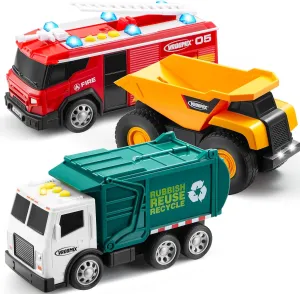 3-Pack Utility Trucks Toy Set – Friction Powered Garbage Truck, Fire and Construction Vehicle with Lights and Sounds – Educational Gift for Boys, Ideal for Kids Toddler