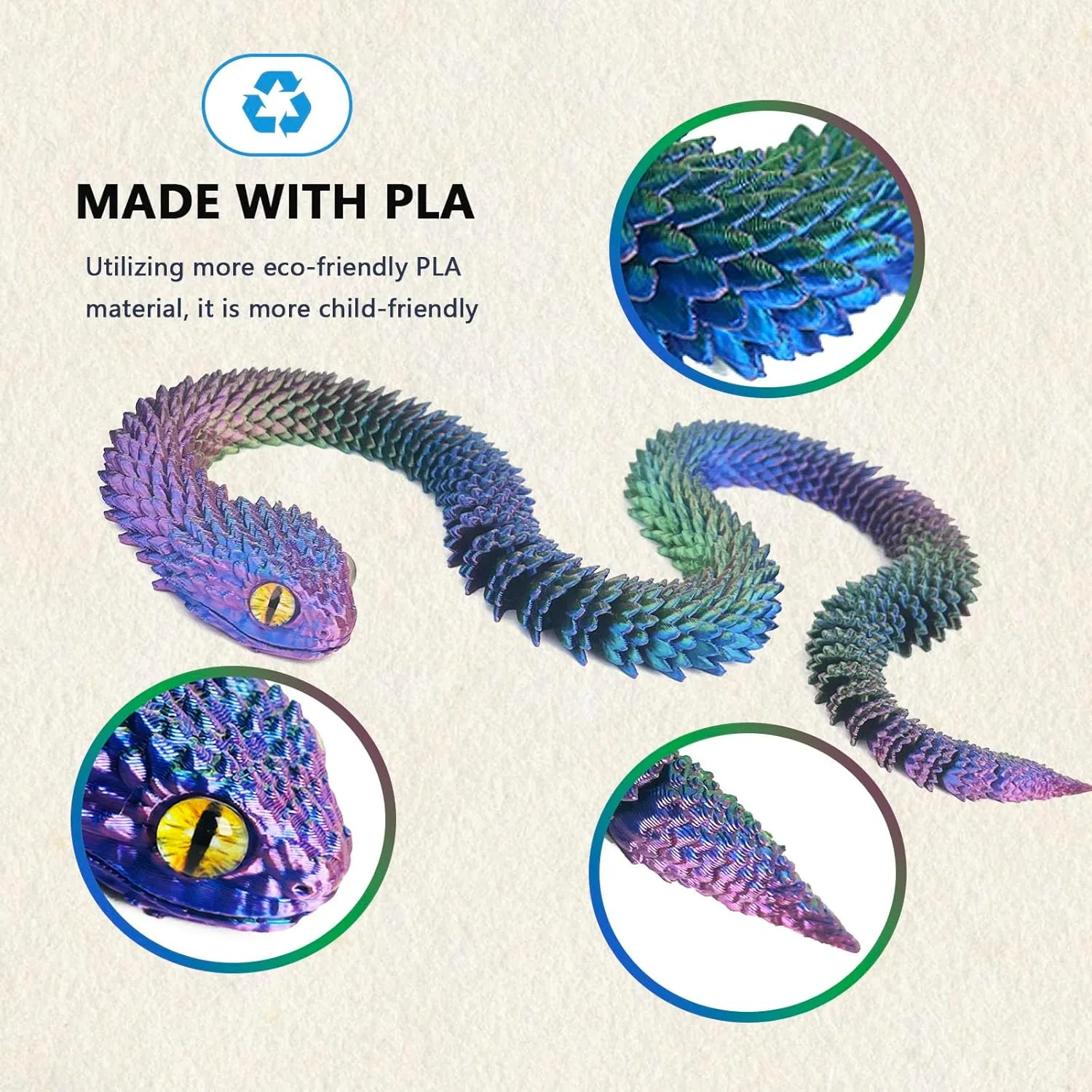 30in 3D Printed Snake Toys Large, Fidget ADHD 3D Printed Toys, Perfect Desk Pet for 3D Printed Animal Collectors
