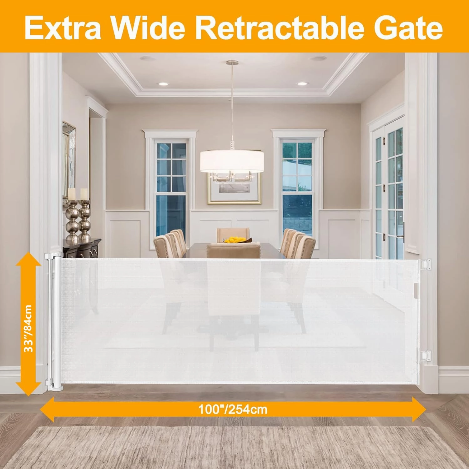 33" Tall Baby Gate for Doorway Retractable Mesh Gates for Kids or Pets Anti-Climb 100" Wide Baby Gates for Large Openings Scratch-Resistant Retractable 8.3ft Extra Wide Outdoor Dog Gate Indoor, White