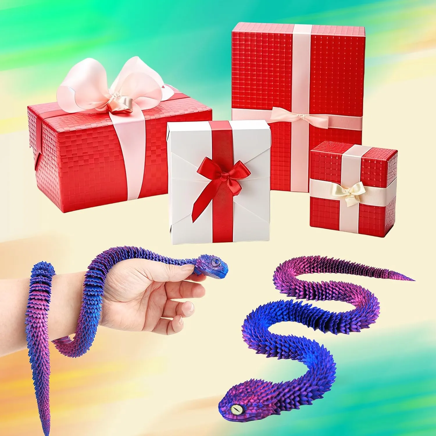 3D Printed Animals Snake, 24 Inch Surprise Mystery Fidget Anaconda Toy, Fake Python Statue with Realistic Eyes，3-D Print Articulated Viper Collectible for Home Office Executive Desk Decoration