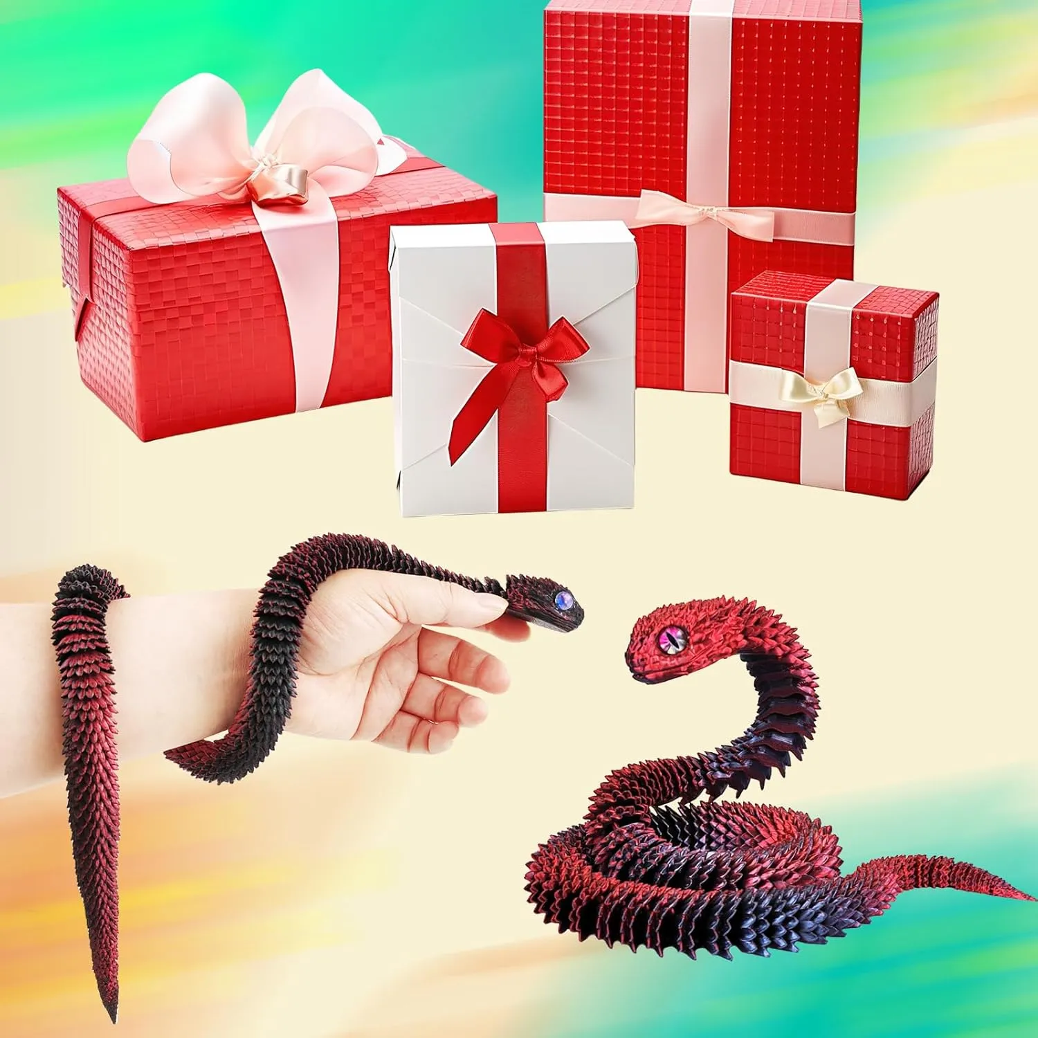 3D Printed Animals Snake, 24 Inch Surprise Mystery Fidget Anaconda Toy, Fake Python Statue with Realistic Eyes，3-D Print Articulated Viper Collectible for Home Office Executive Desk Decoration