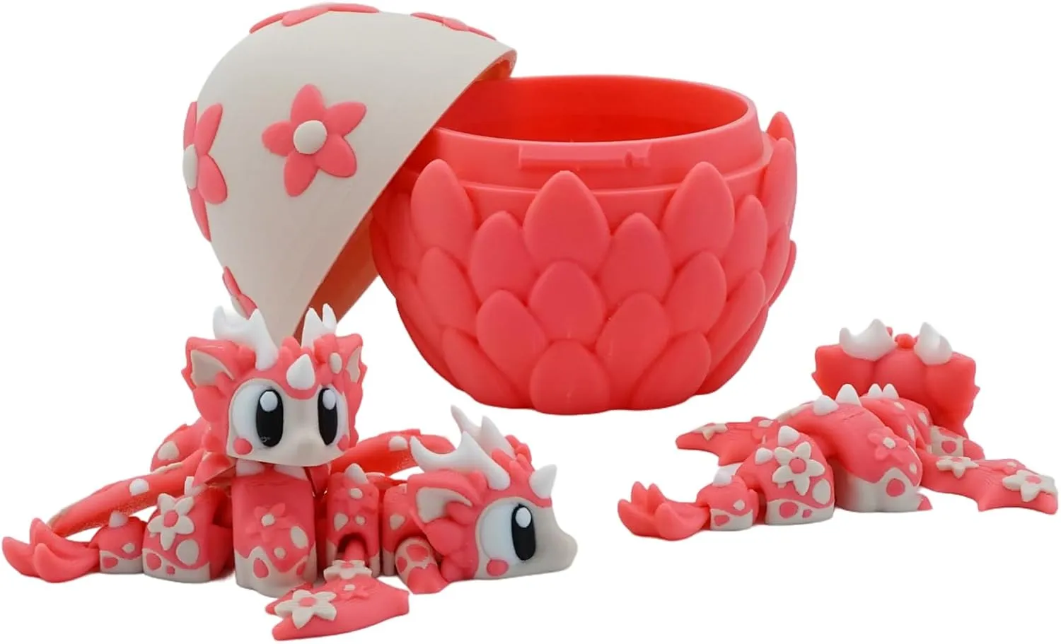 3D Printed Articulated Dragon Egg - Poseable Fantasy Creature Toy, Unique Puzzle Dragon with Floral Details, Collectible Gift & Desk Decor (Pink) (an Egg and Three Dragons)