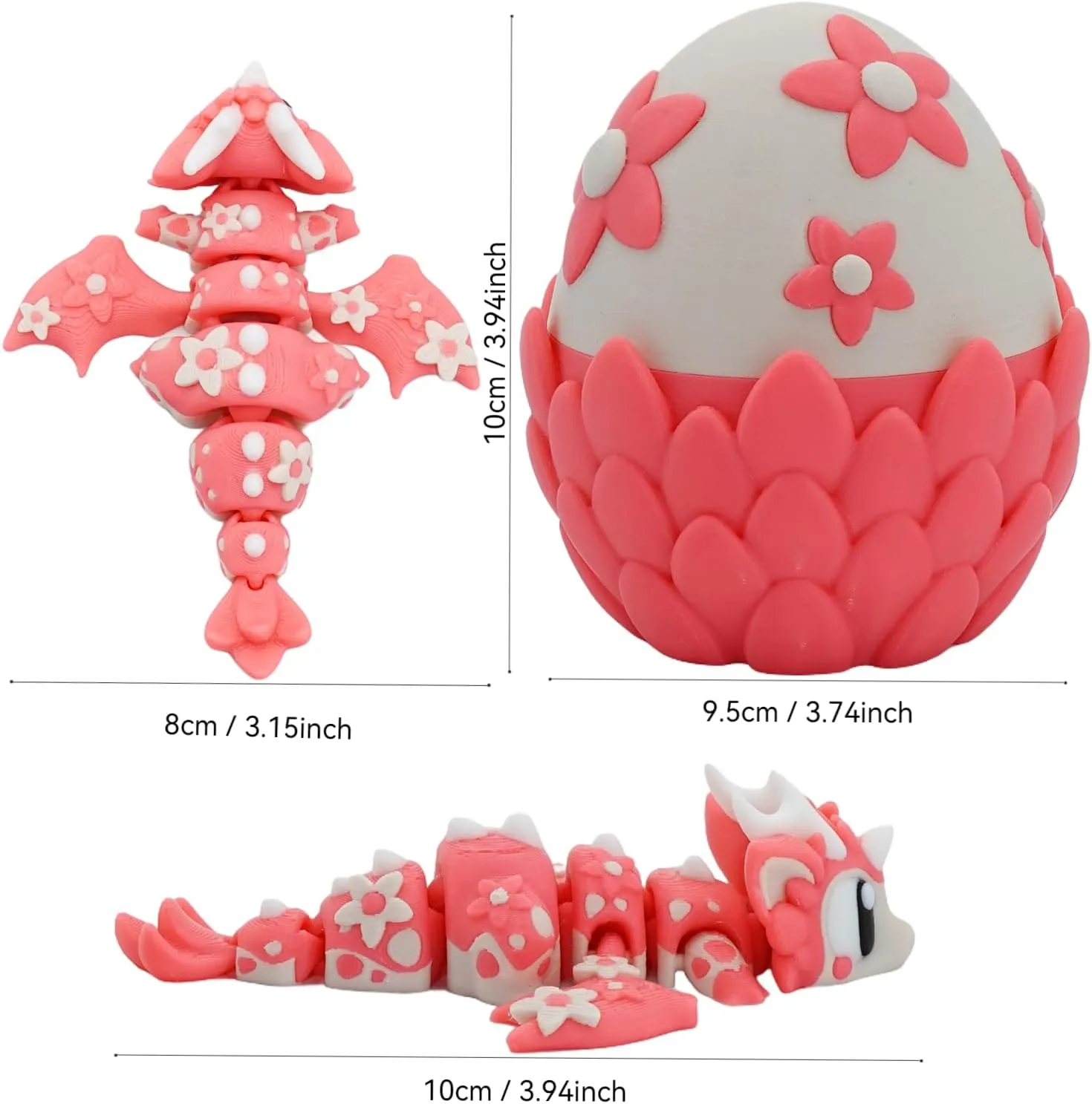 3D Printed Articulated Dragon Egg - Poseable Fantasy Creature Toy, Unique Puzzle Dragon with Floral Details, Collectible Gift & Desk Decor (Pink) (an Egg and Three Dragons)