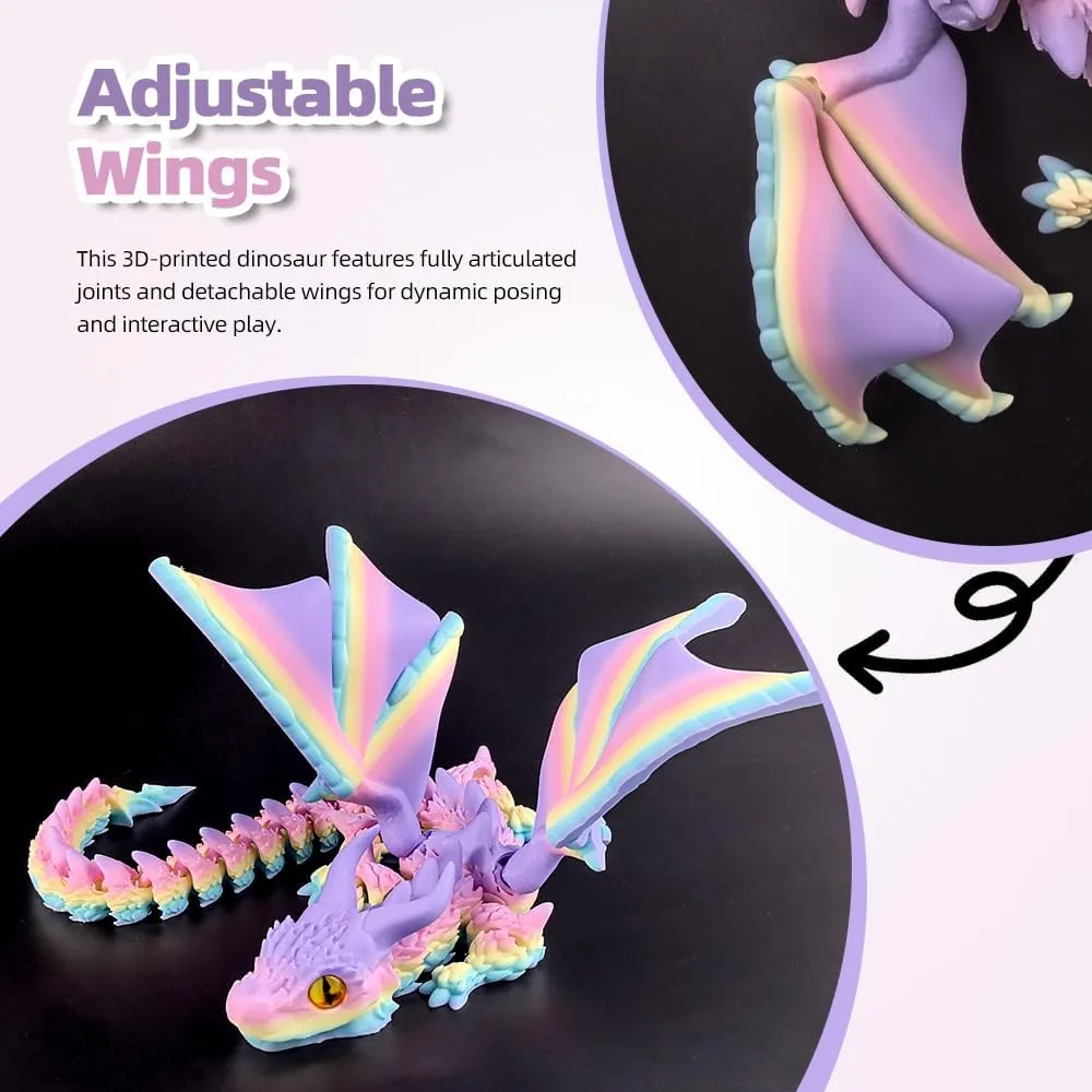 3D Printed Dragon with Wings,3D Printed Animals Toys, Fidget Dragon Toys, Flexible Articulated Winged Crystal Dragon Model,Desktop Pet Deco (Matte-Rainbow)