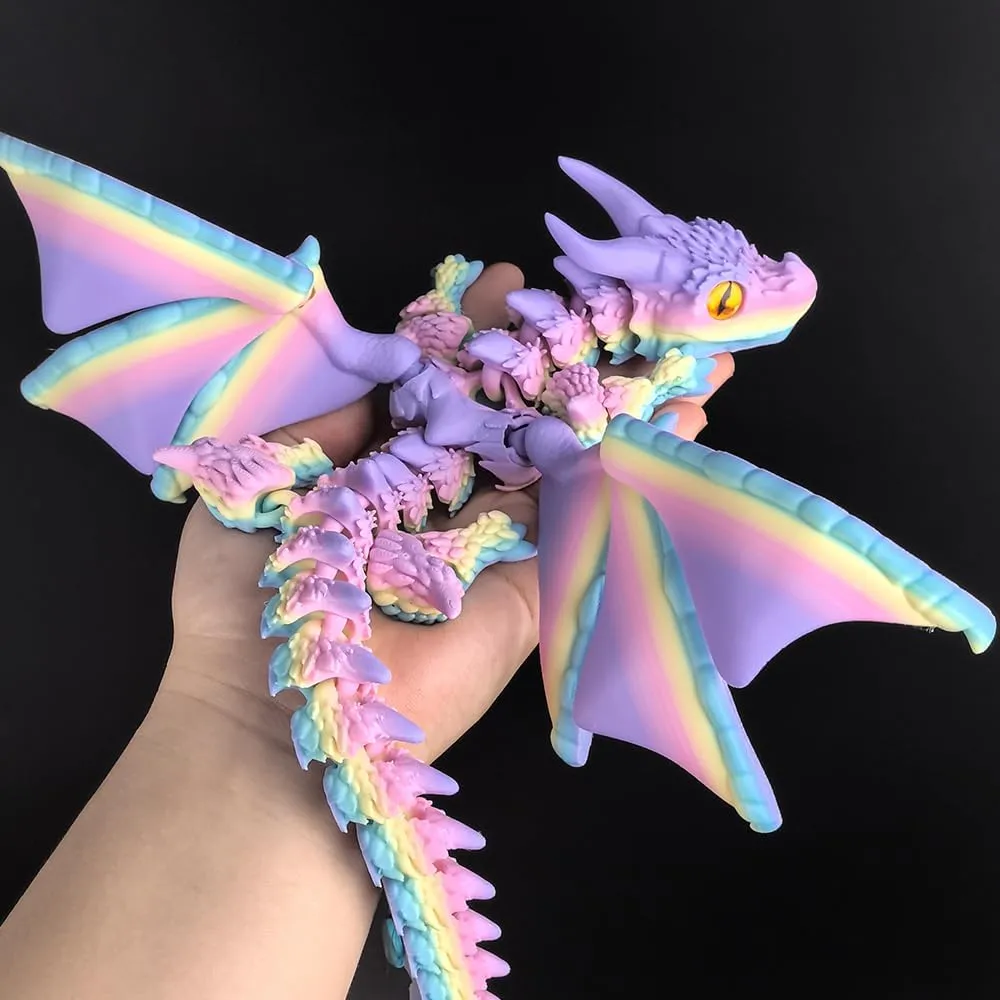 3D Printed Dragon with Wings,3D Printed Animals Toys, Fidget Dragon Toys, Flexible Articulated Winged Crystal Dragon Model,Desktop Pet Deco (Matte-Rainbow)