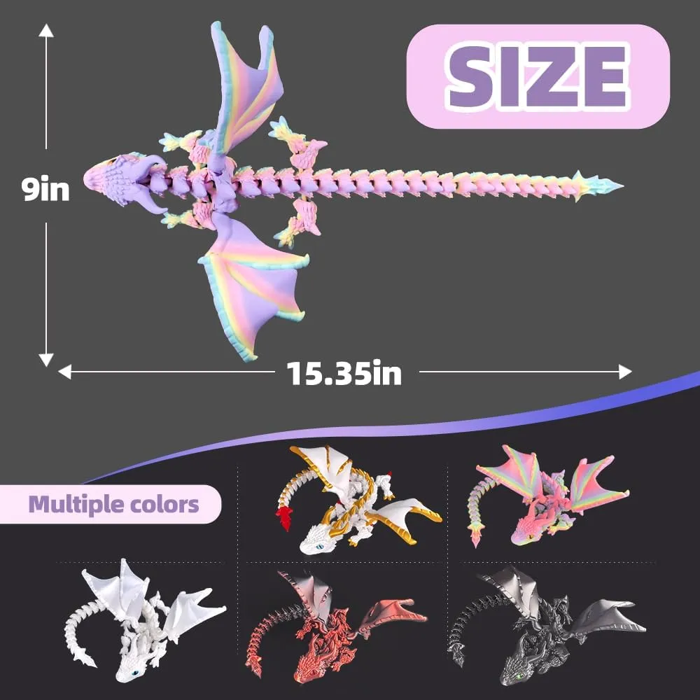 3D Printed Dragon with Wings,3D Printed Animals Toys, Fidget Dragon Toys, Flexible Articulated Winged Crystal Dragon Model,Desktop Pet Deco (Matte-Rainbow)